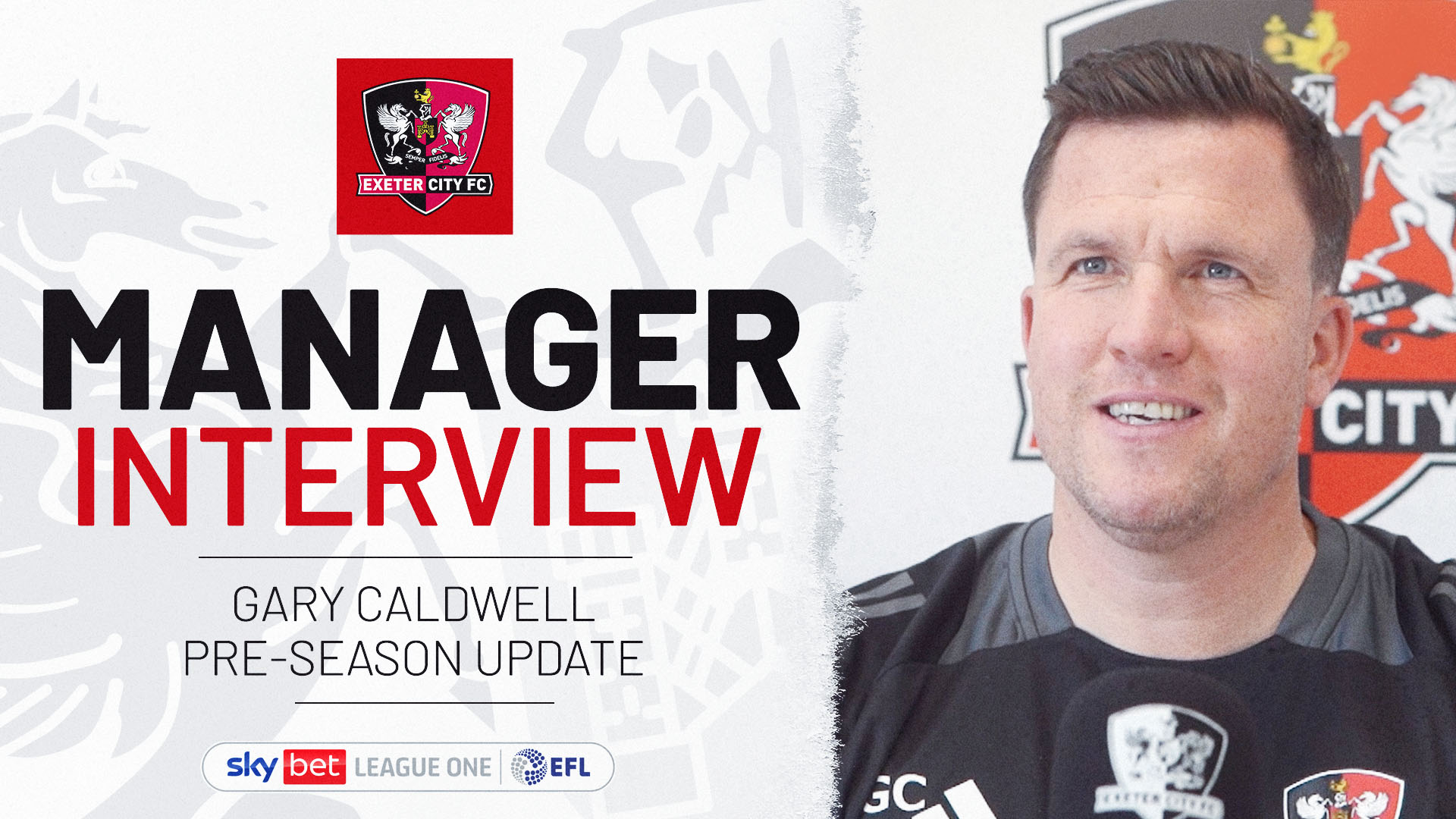 Image of Gary Caldwell with the words 'Manager Interview: Gary Caldwell Pre-season Update'