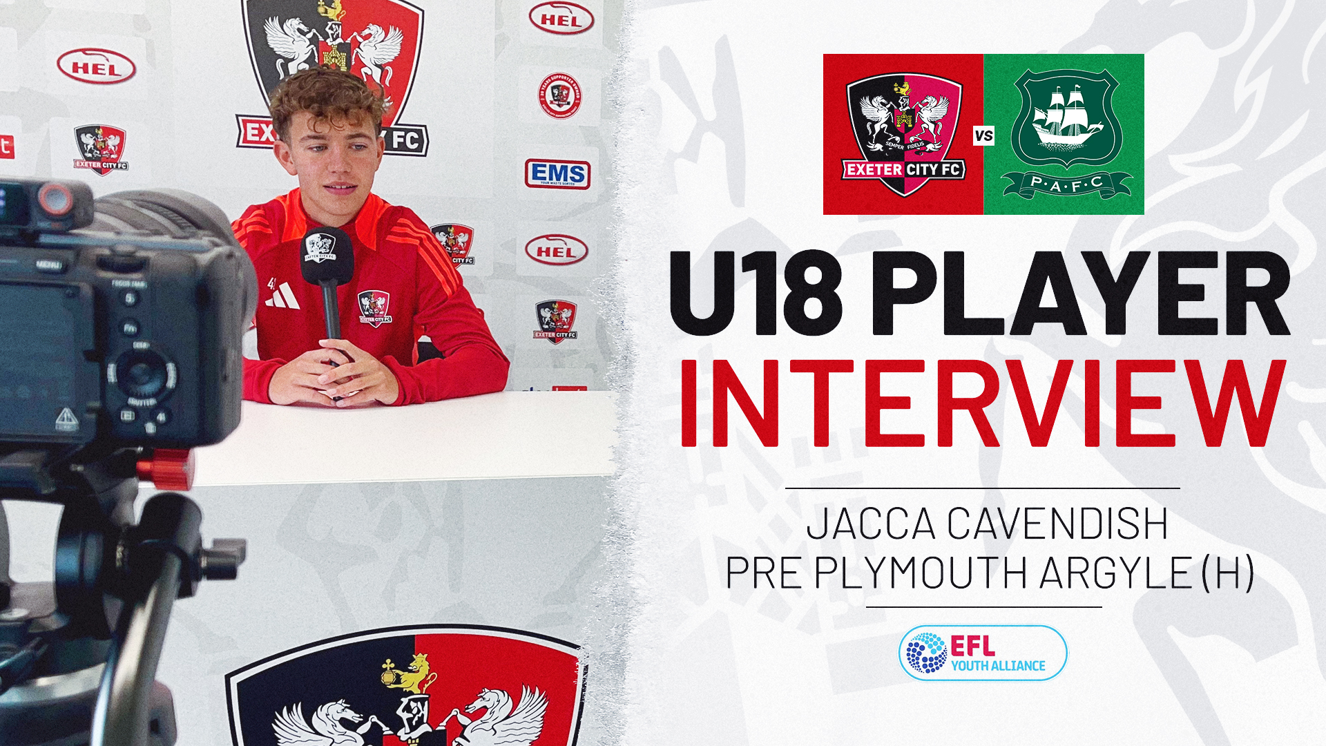 U18 Player interview graphic. On the right is a image of Jacca Cavenish being interviewed, on the left is text reading: U18 PLAYER INTERVIEW / JACCA CAVENDISH PRE PLYMOUTH ARGYLE (H)