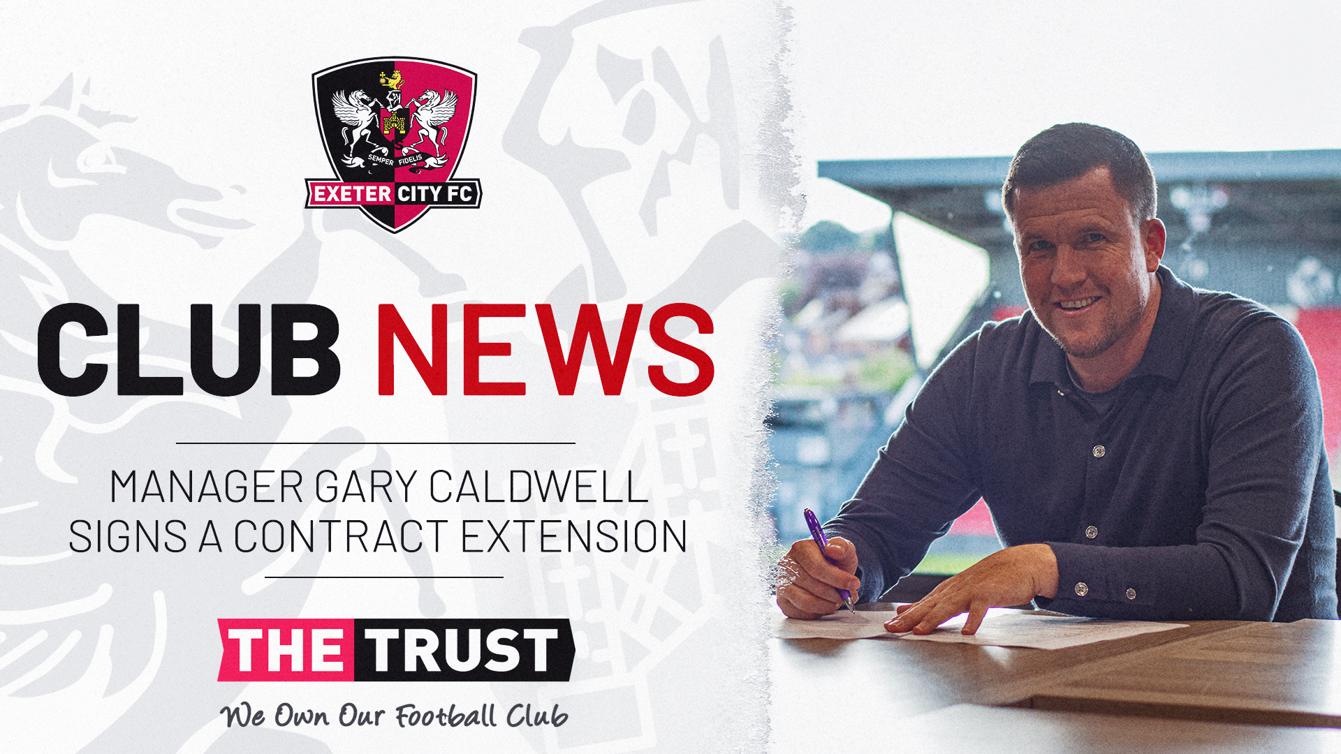 Club news graphic. On the right is an image of Gary Caldwell signing his new contract, on the left text reads: CLUB NEWS / MANAGER GARY CALDWELL SIGNS A CONTRACT EXTENSION