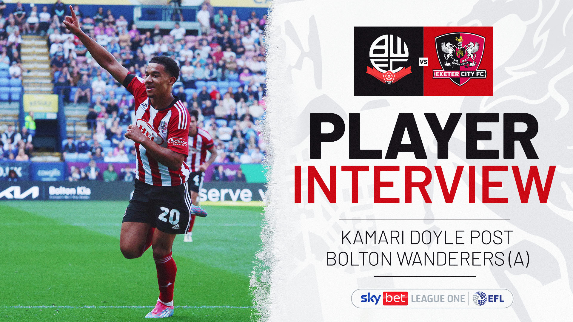 Player interview graphic. On the left it reads: PLAYER INTERVIEW / KAMARI DOYLE POST BOLTON WANDERERS (A) / on the left is a picture of Kamari Doyle with his arm in the air, celebrating City's goal.