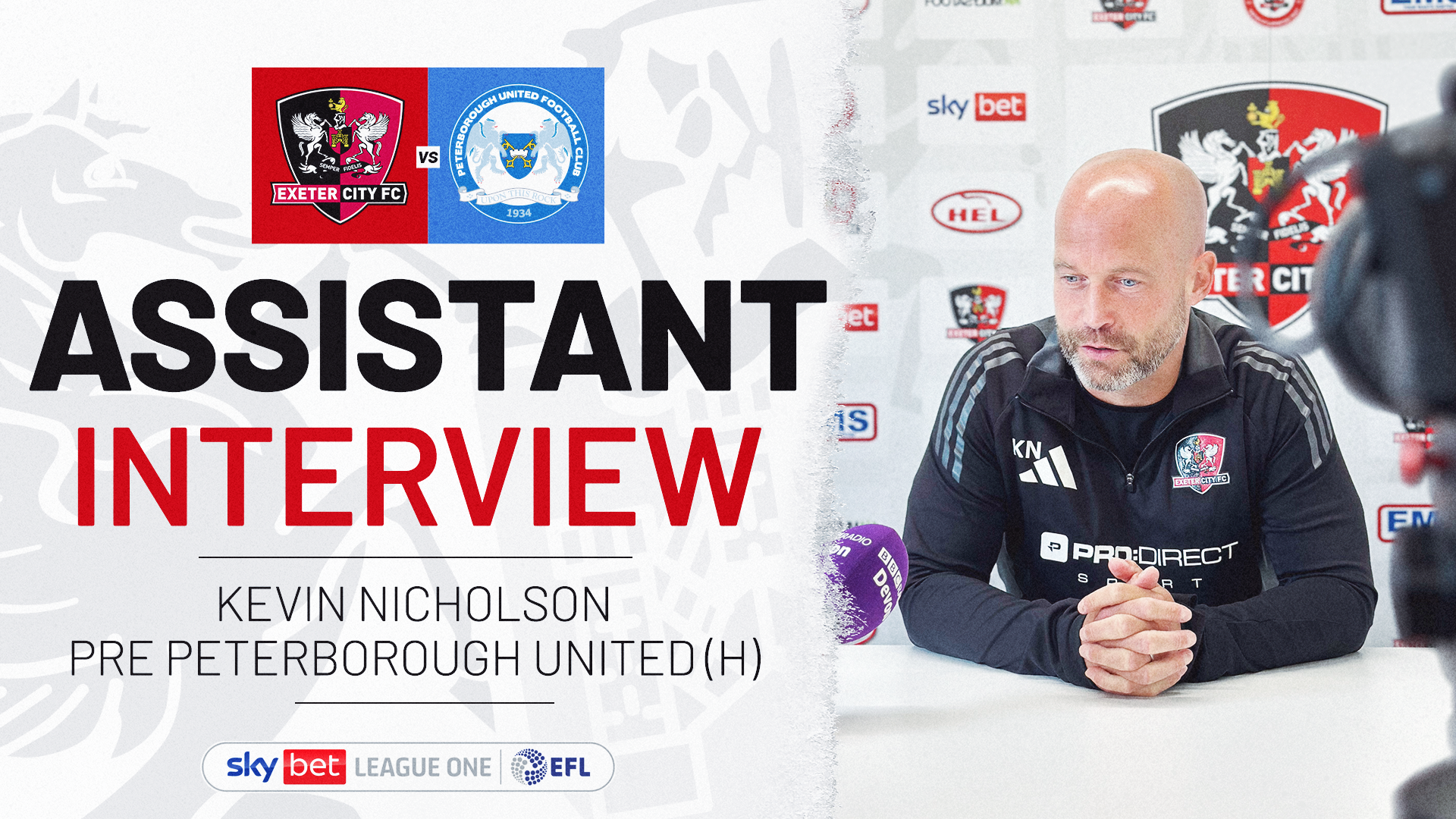 Assistant Interview reading: ASSISTANT INTERVIEW / KEVIN NICHOLSON PRE PETERBOROUGH UNITED (H). On the right there is an image of Kevin Nicholson being interviewed