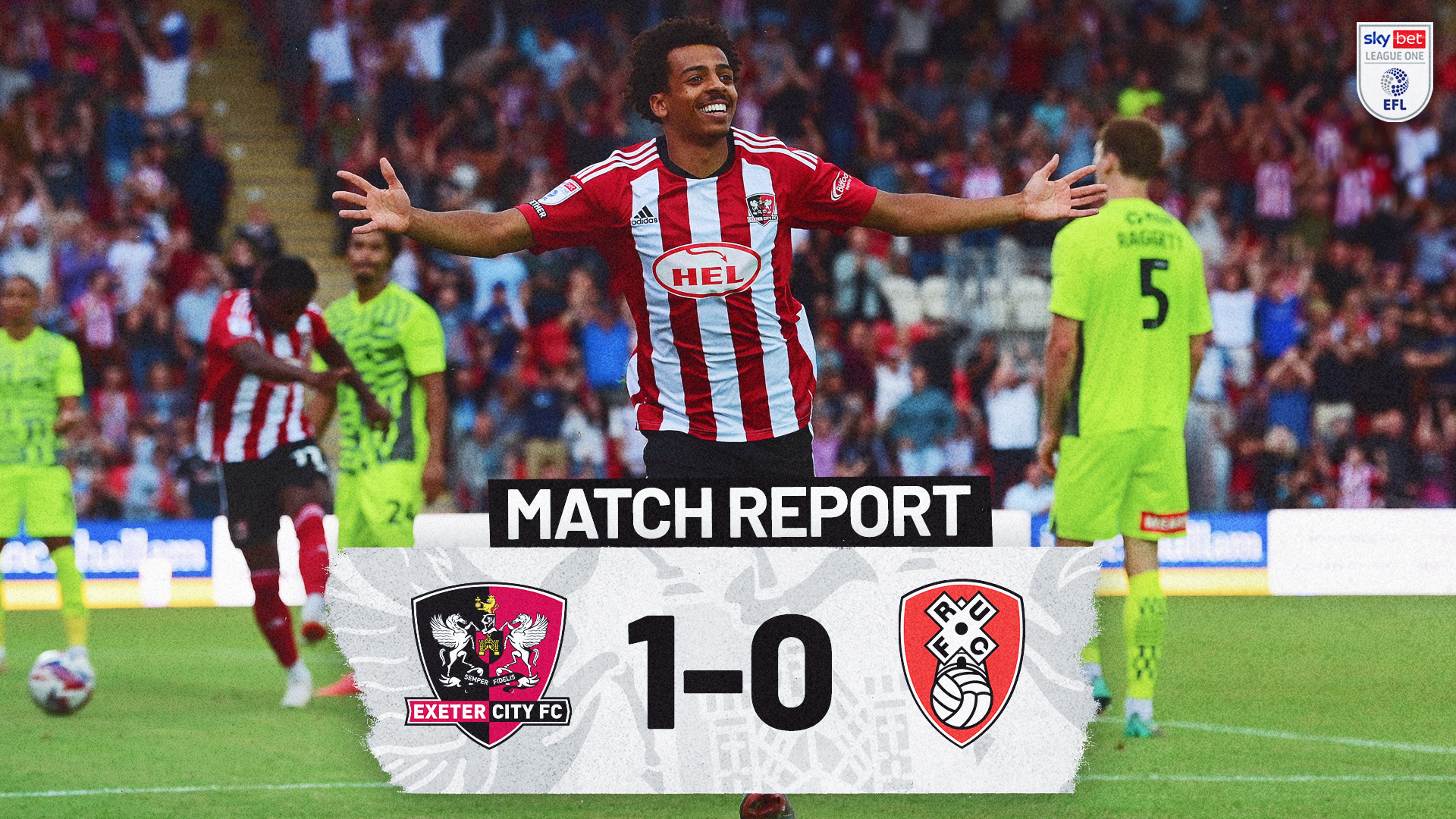 Match report graphic reading EXETER CITY 1-0 ROTHERHAM UNITED