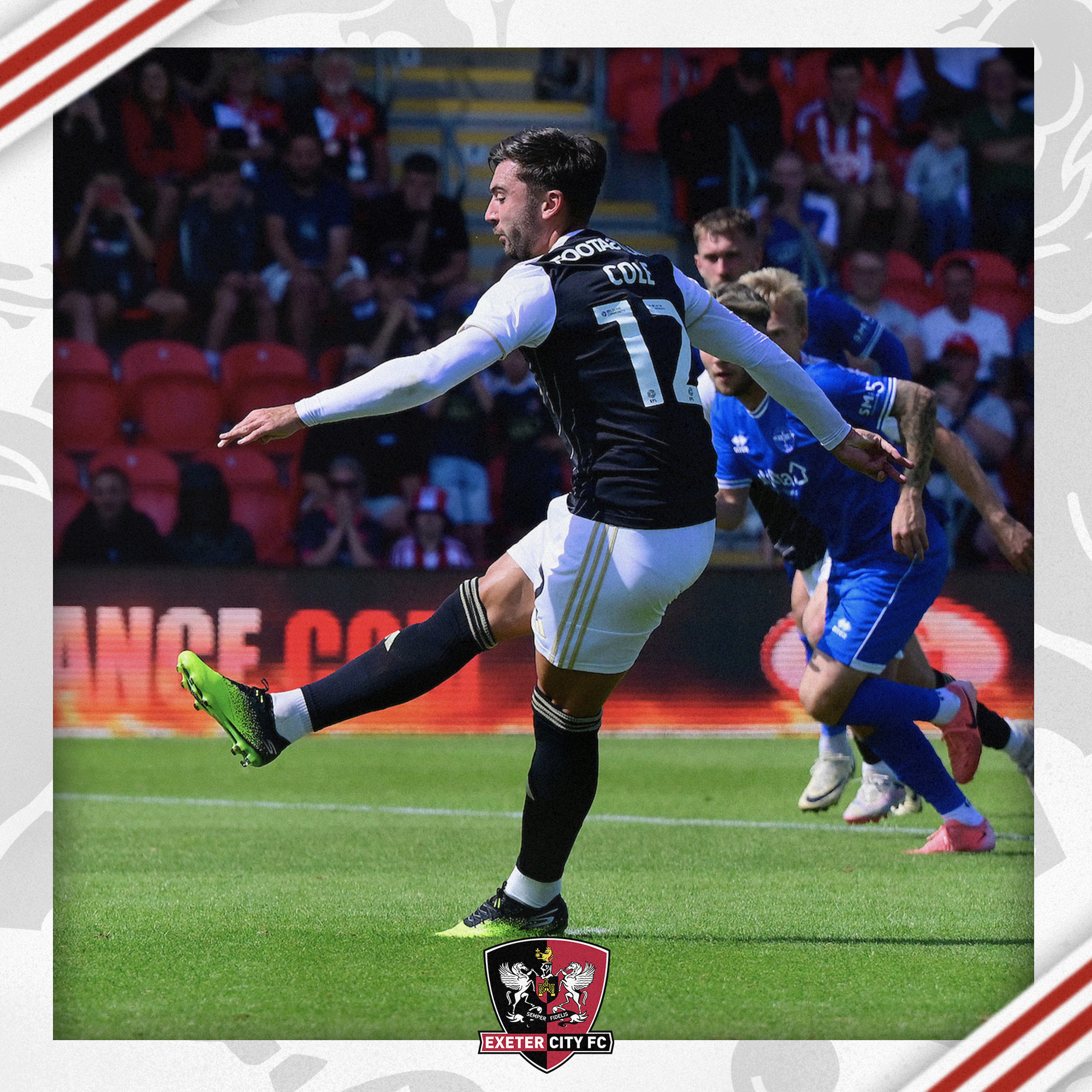 Reece Cole hitting the penalty. The ball isn't in the shot but you can see him swinging his leg.