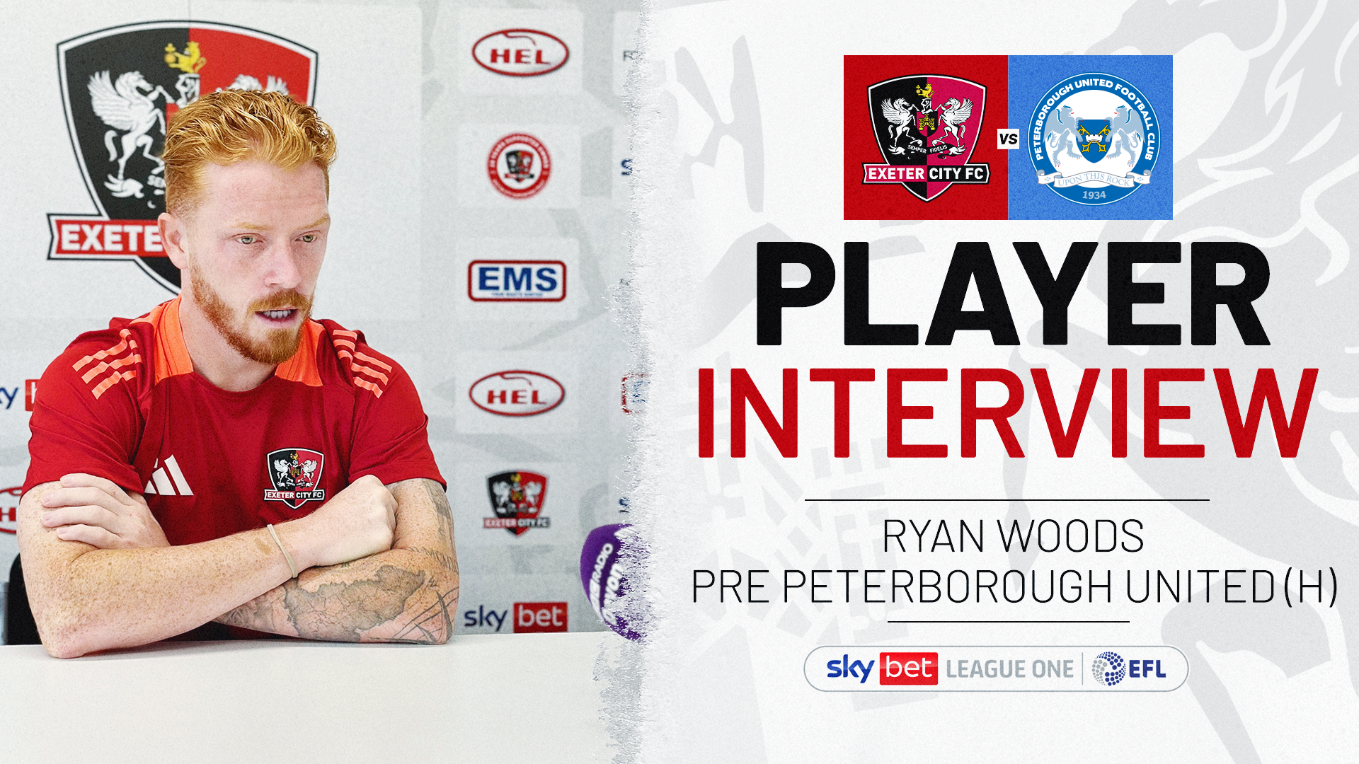 Player Interview graphic. Image of Ryan Woods being interviewed on the left, text on the right reading: PLAYER INTERVIEW / RYAN WOODS PRE PETERBOROUGH UNITED (H)