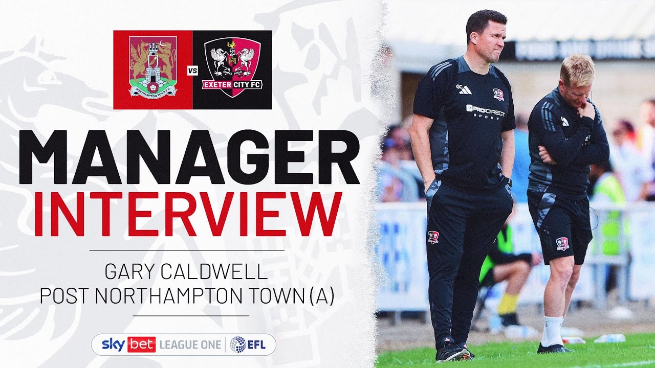 Manager interview graphic. On the right is a picture of Gary Caldwell and David Perkins looking frustrated on the touchline. On the left is text reading: MANAGER INTERVIEW / GARY CALDWELL POST NORTHAMPTON TOWN (A)