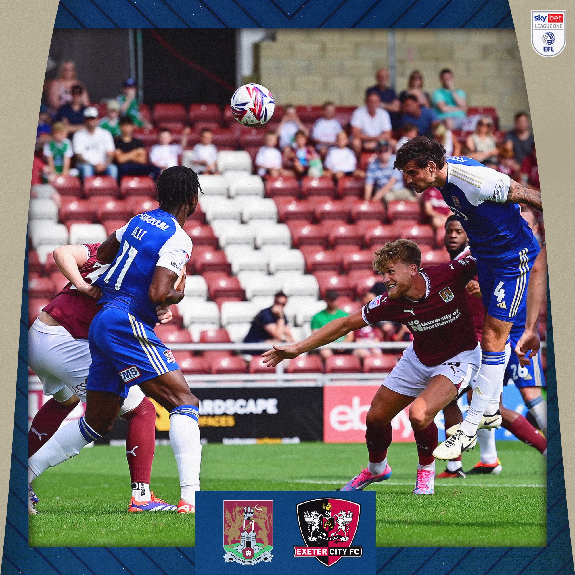 Tristan Crama heading Exeter City, playing in their blue away kit, in front. Millenic Alli is also visible, looking up at the ball while competing with a defender.