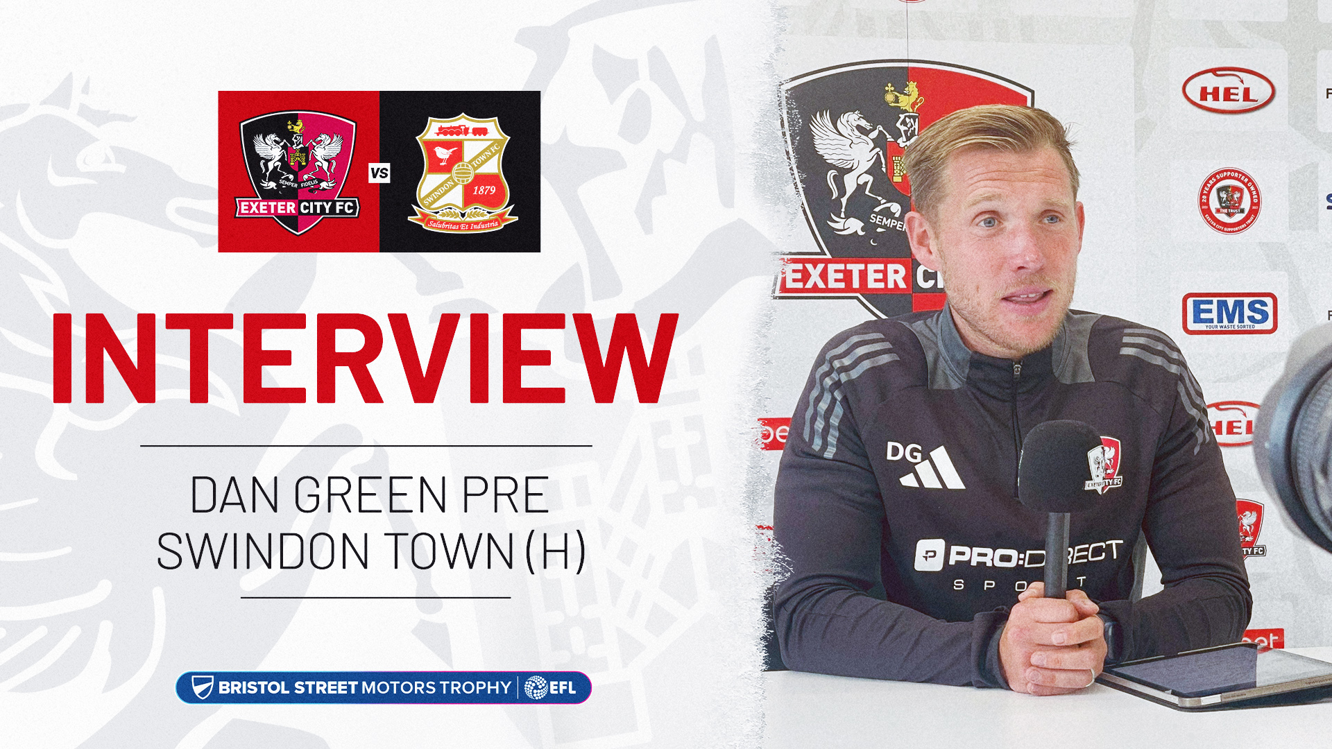 Interview Graphic. On the right is an image of Dan Green speaking into a microphone, and on the right is text reading: INTERVIEW / DAN GREEN PRE SWINDON TOWN (H)