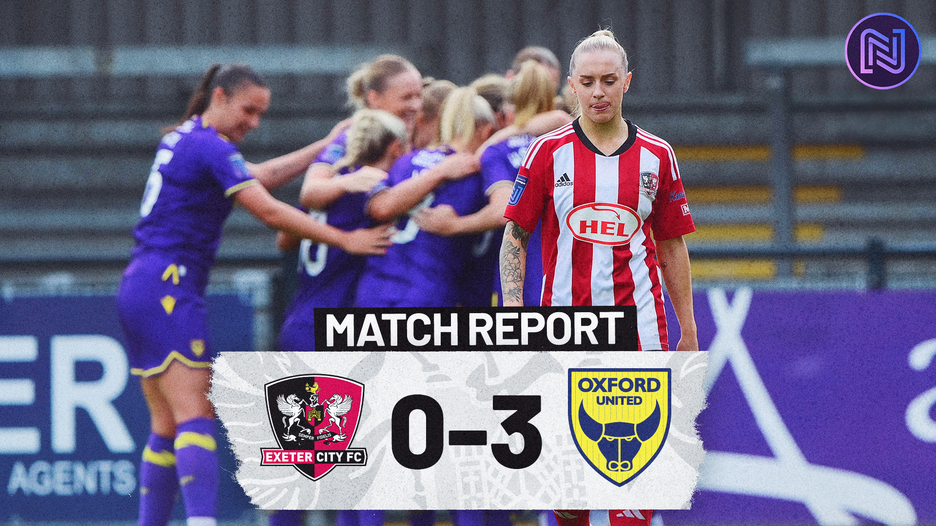 Oxford match report graphic, reading Exeter City Women 0-3 Oxford United. Image of Amber Pollock walking away from Oxford players, out of focus in the background, celebrating.