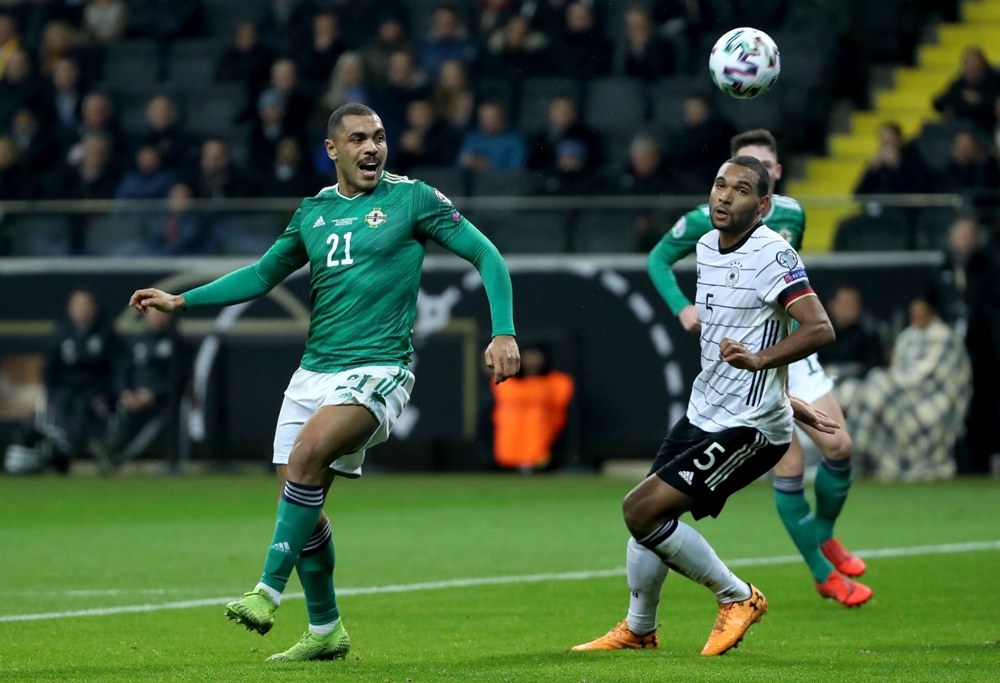 Josh Magennis playing for Northern Ireland against Germany