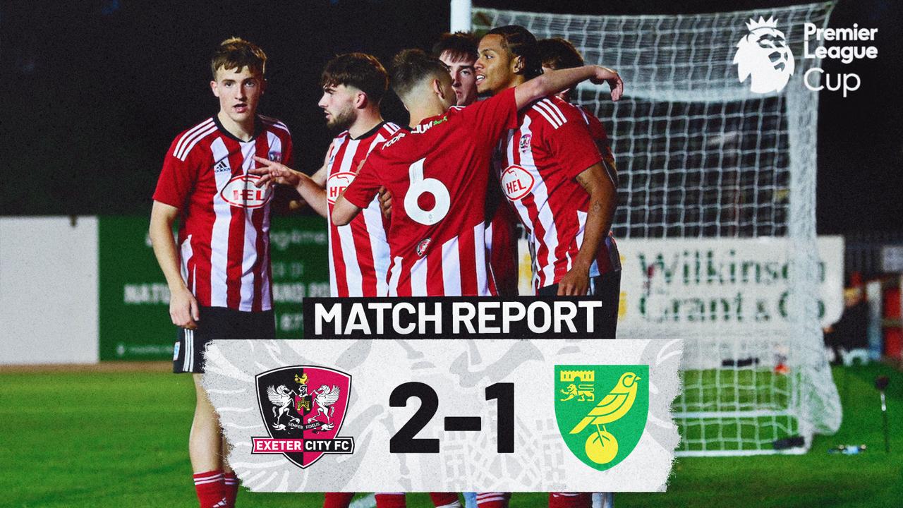 Match report graphic. Exeter City under 21s 2-1 Norwich City under 21s. Image of players celebrating after the own goal.