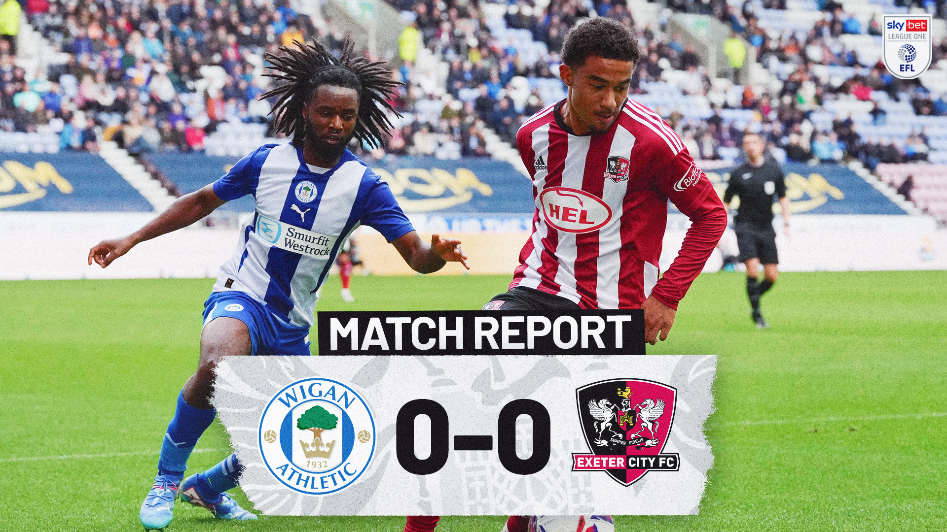 Wigan Athletic 0-0 Exeter City match report graphic. Image of of Kamari Doyle running away from Dion Rankine.