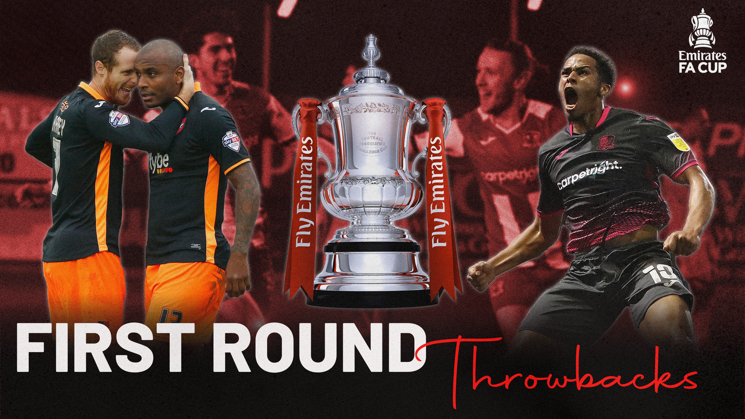 First Round Throwbacks image. Text reads 'First Round Throwbacks' image is of Clinton Morrison celebrating with Ryan Harley in a black and orange City shirt on the left, the FA Cup in the middle, and Sam Nombe celebrating in a black and purple City shirt on the right. In the blurred background is Matt Jay and Josh Key with a red filter over the top.