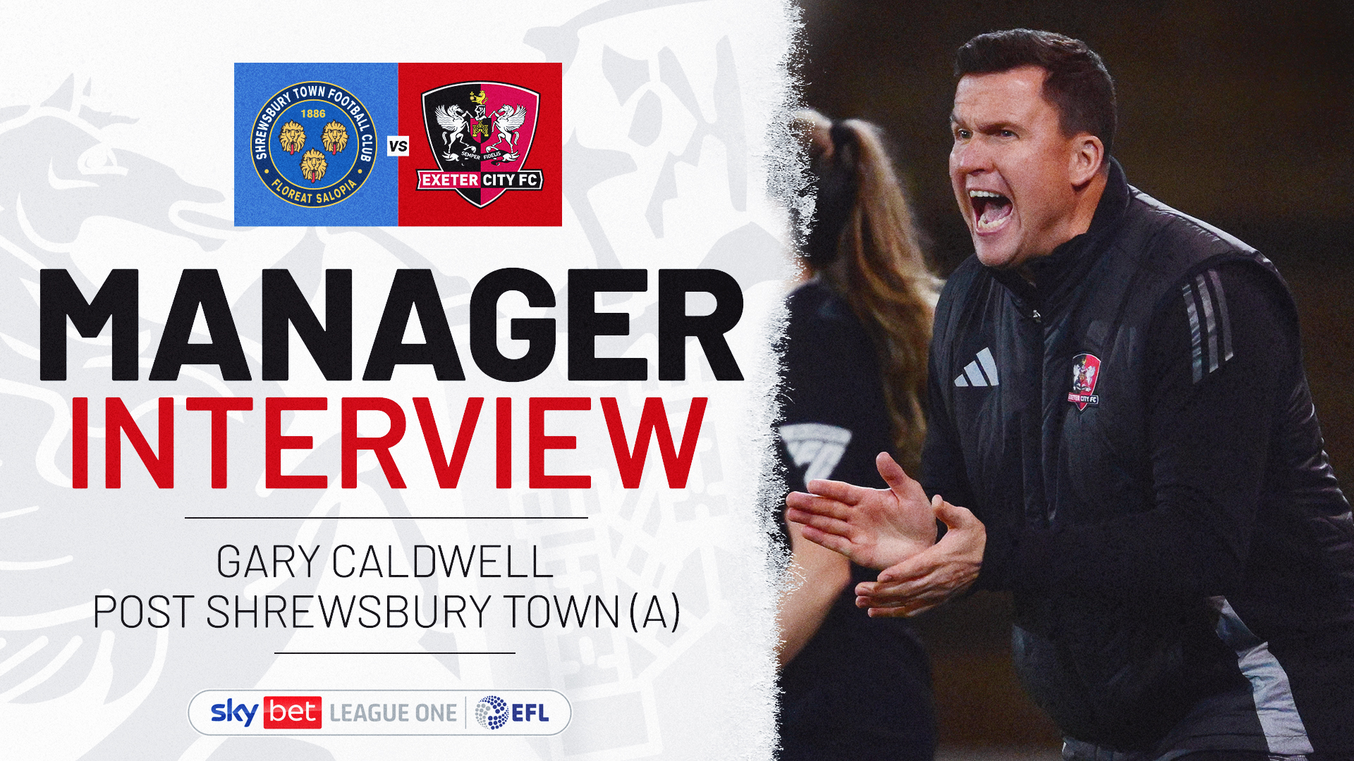 Manager Interview graphic, text reads: MANAGER INTERVIEW / GARY CALDWELL POST SHREWSBURY TOWN (A) with an image of Gary clapping on the right