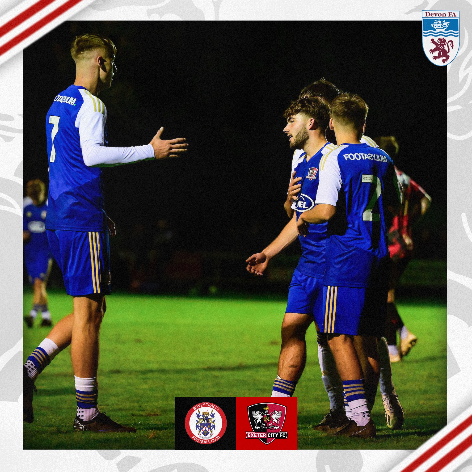 City players celebrating the opener. From left to right - Kieran Wilson, Theo Cutler and Liam Oakes.