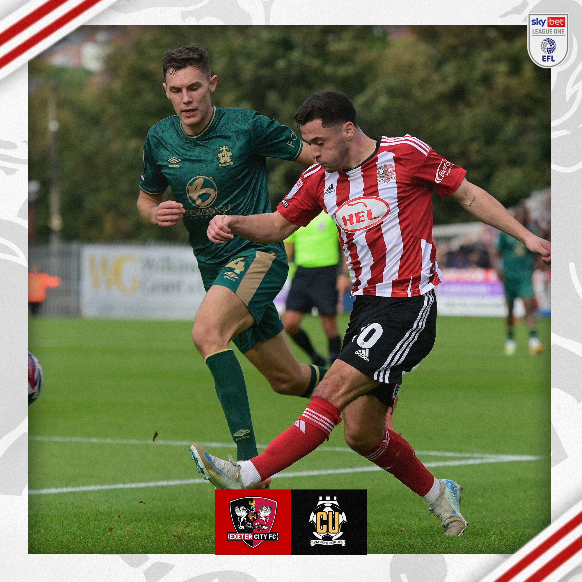 Jack Aitchison crossing the ball for Exeter City against Cambridge United