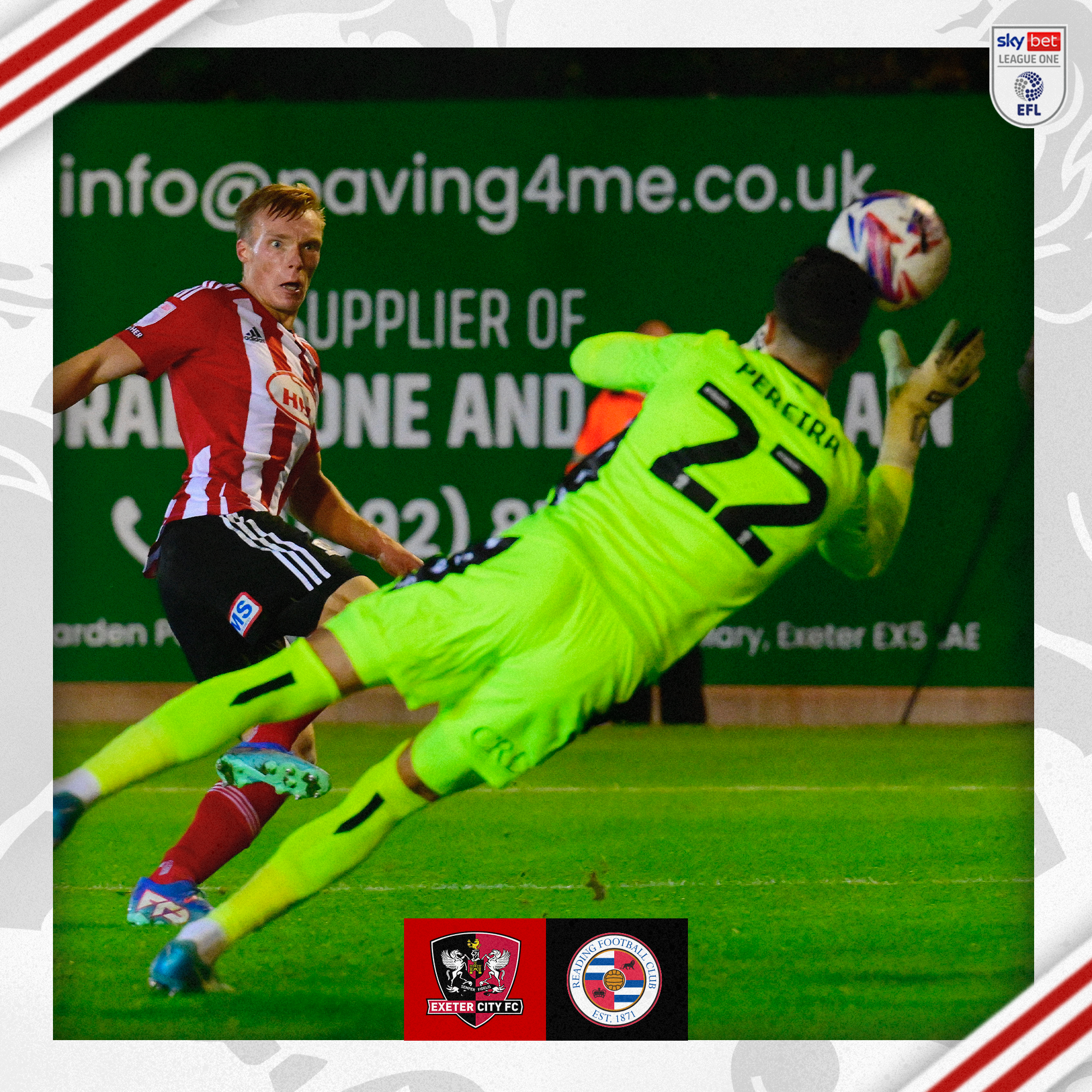 Ilmari Niskanen scoring for Exeter City. He's just hit the ball, and you can see a diving Reading goalkeeper trying to stop it but he's unable to do so.