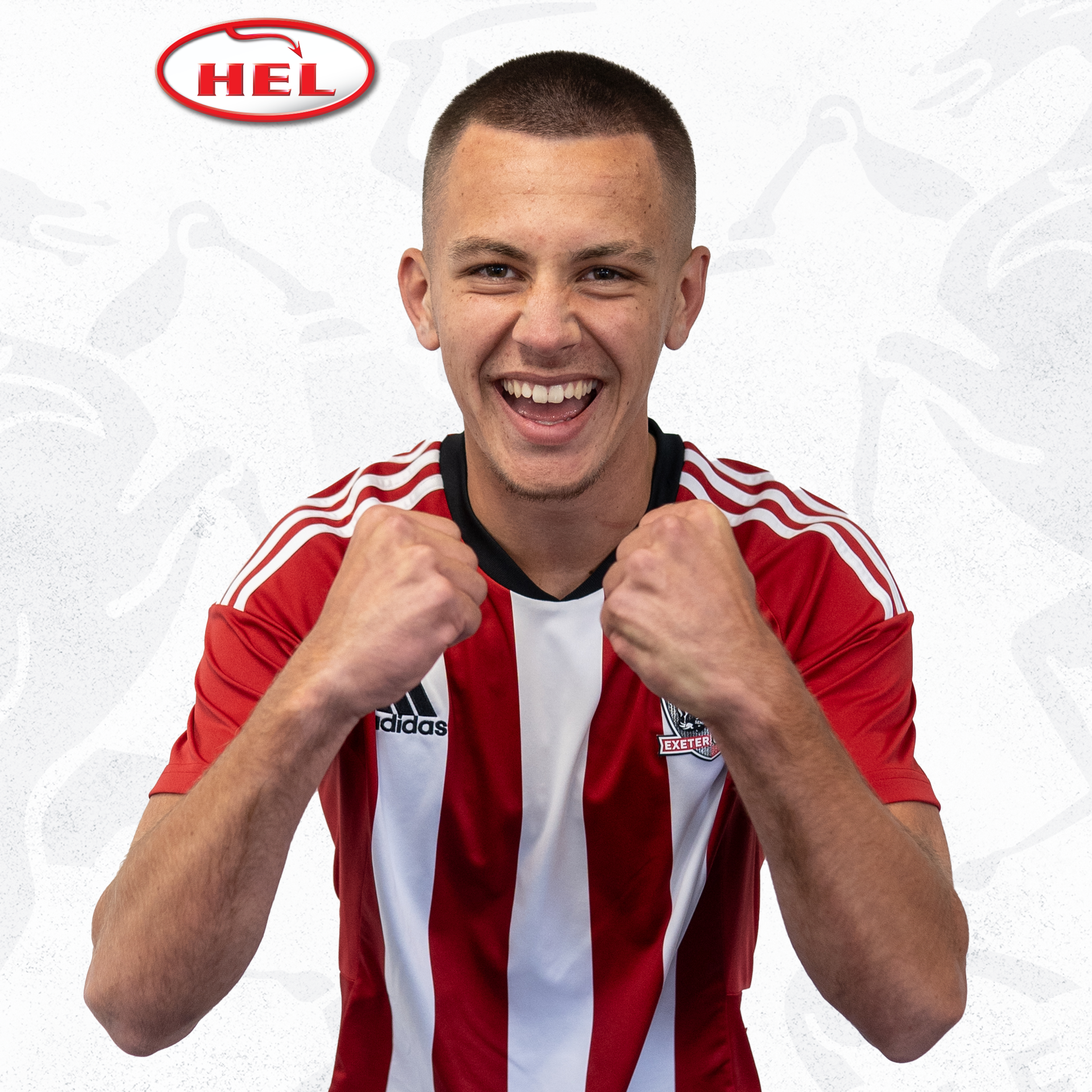 Jack Anthony profile picture. He's got short cut hair, and has his hands balled in fists in celebration. He's wearing his red and white home kit and the HEL logo is in the corner.