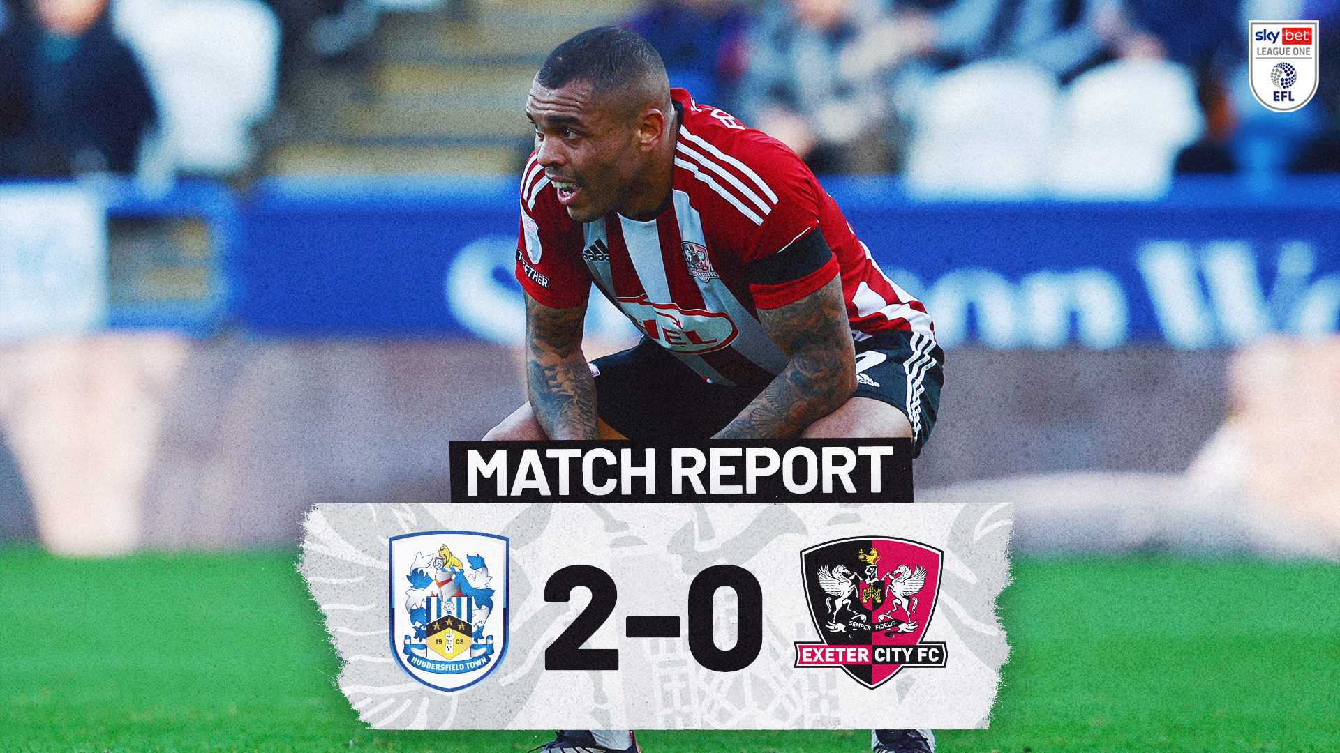 Match report graphic for Huddersfield Town 2-0 Exeter City. Image shows Josh Magennis, crouching down with his arms on his knees, looking frustrated. 