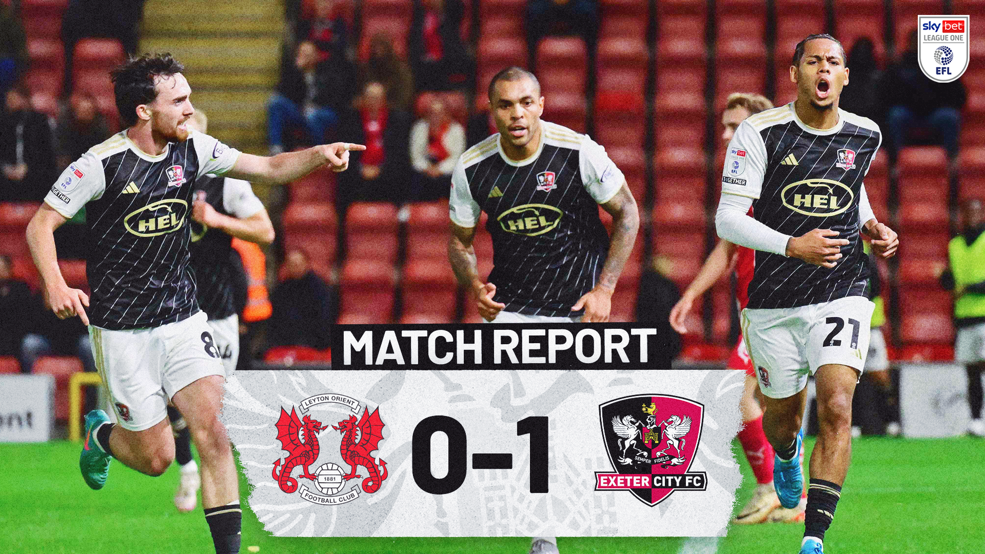 Match Report Graphic for Leyton Orient 0-1 Exeter City. Image of three city players - Francis, Magennis and Richards, celebrating the latters' goal.