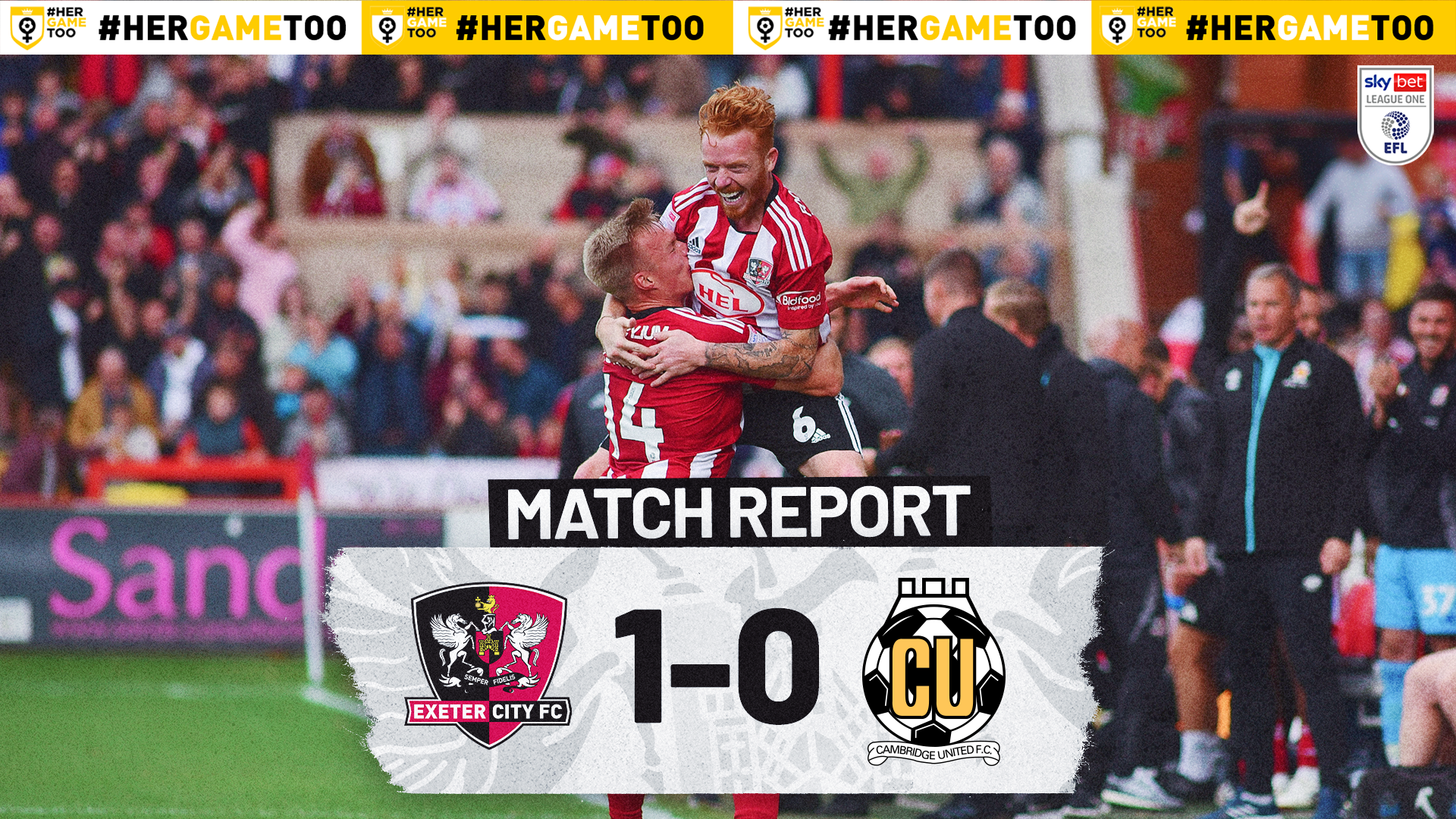 Match report graphic for Exeter City 1-0 Cambridge United. Image shows Ryan Woods being held aloft by Ilmari Niskanen after scoring the only goal of the match.