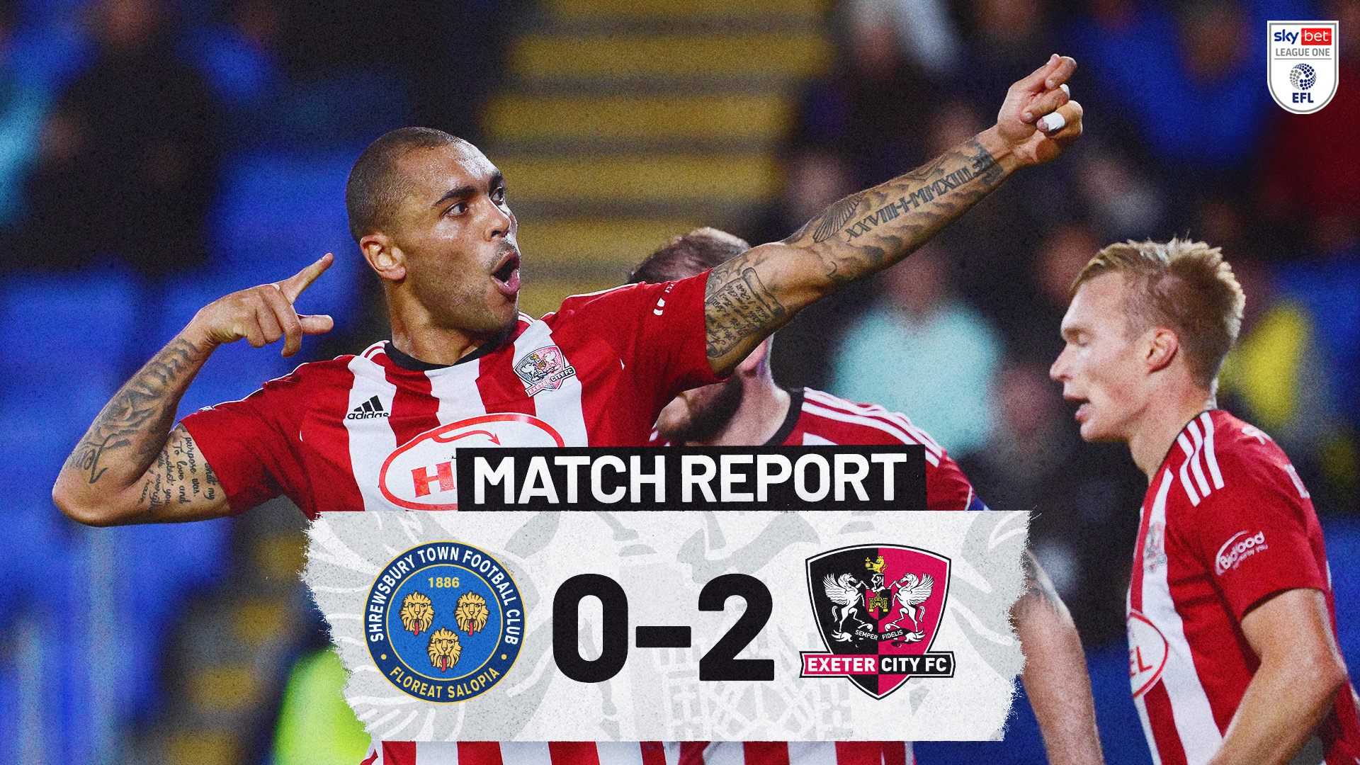 Match report graphic for Shrewsbury Town 0-2 Exeter City. Shows Josh Magennis celebrating his goal by pretending to fire an arrow from a bow into the away end. 