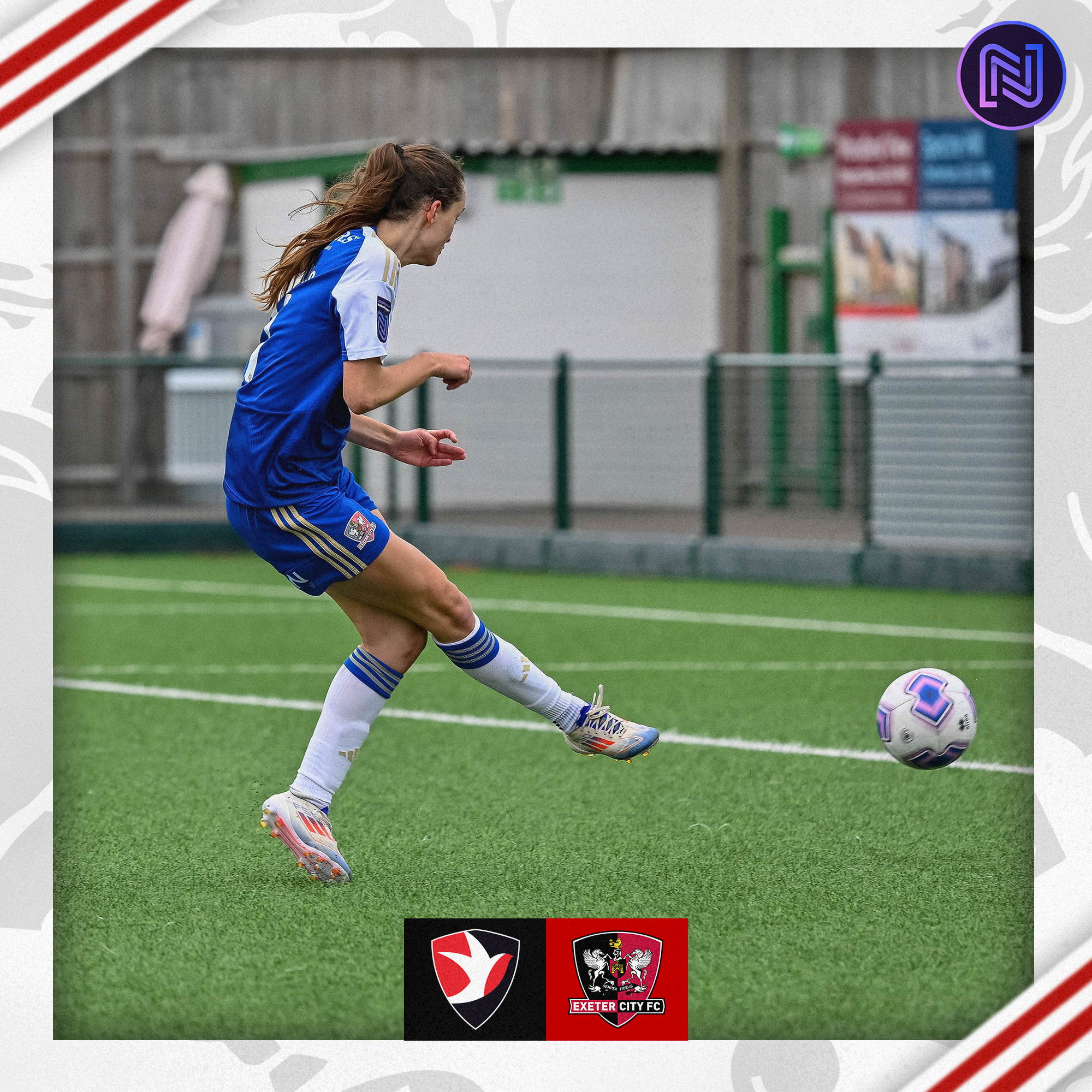 Sophie Gillies striking the ball in her blue and white away kit to put City 2-0 up. She's facing away from camera and you can see the ball in shot too.