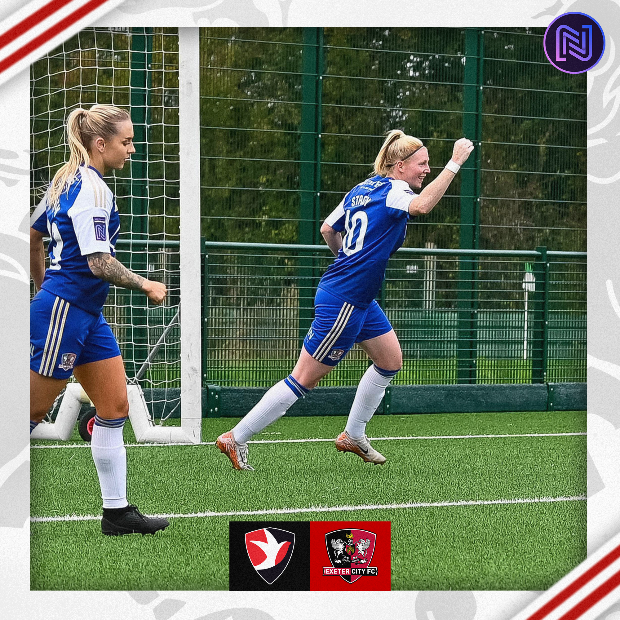 Sarah Stacey celebrating putting City 1-0 up. She's got a fist waved in the air running away from goal. You can also see Amber Pollock just out of focus in the image.