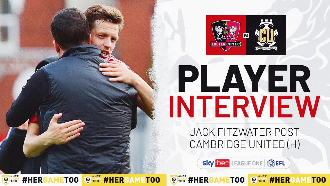 Player interview thumbnail. Text reads: PLAYER INTERVIEW / JACK FITZWATER POST CAMBRIDGE UNITED (H). On the left is an image of Jack Fitzwater hugging Gary Caldwell.