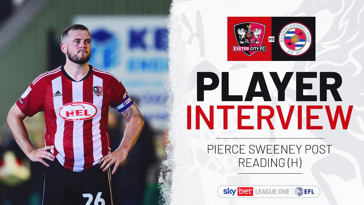 Player interview graphic. Text reads: PLAYER INTERVIEW / PIERCE SWEENEY POST READING (H) / Image on the left is of Pierce Sweeney with his hands on his hips looking frustrated.