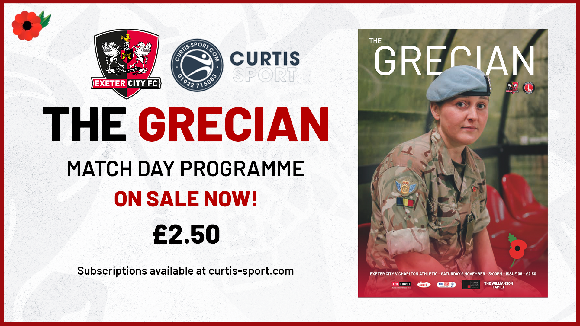 Charlton Programme Promo. Graphic text reads: THE GRECIAN / MATCH DAY PROGRAMME / ON SALE NOW! / £2.50 / SUBSCRIPTIONS available AT CURTIS-SPORT.COM