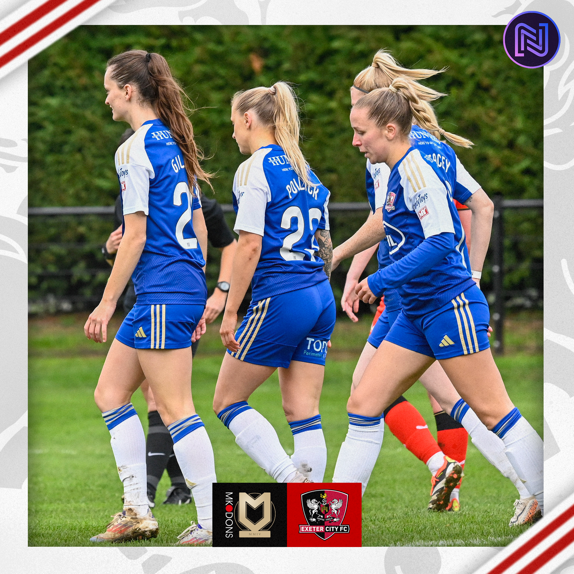 Players in their blue away kit celebrating the first goal. You can see (from left to right), Sophie Gillies, Amber Pollock, Ishbel Zuurmond and Sarah Stacey (slightly obscured by Zuurmond)