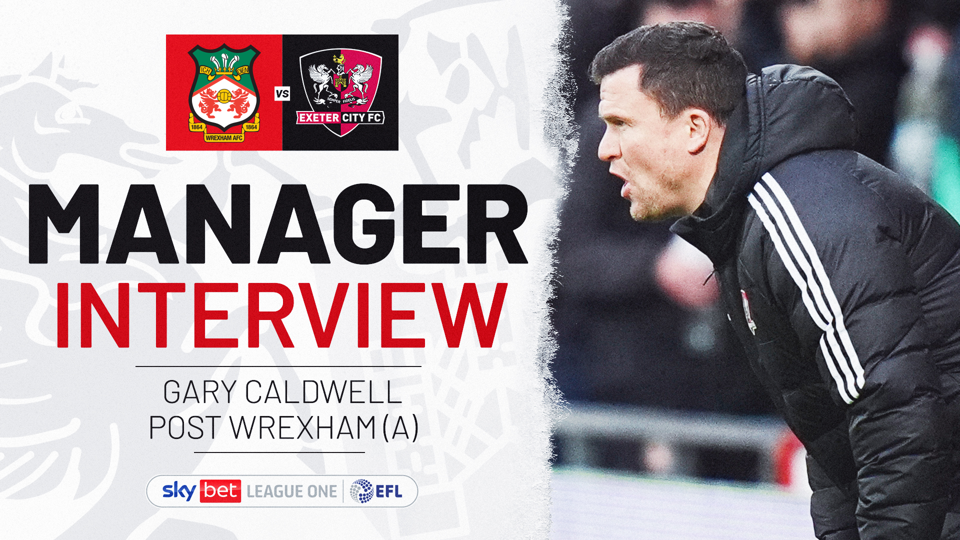 Manager interview graphic. Text reads: MANAGER INTERVIEW / GARY CALDWELL POST WREXHAM (A). Image of Gary on the right.