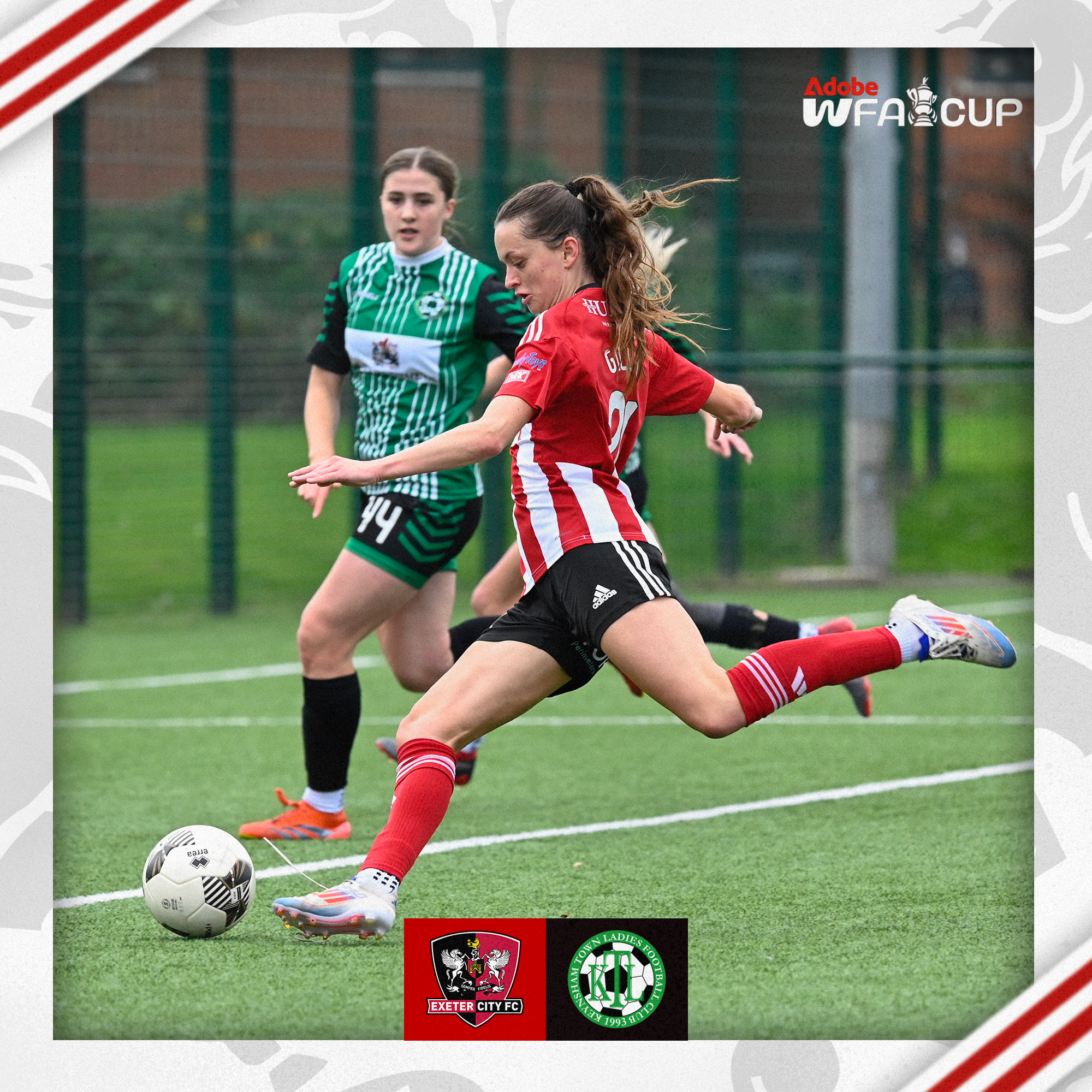 Sophie Gillies, in her red and white home shirt, lining up with her leg back to take a shot.