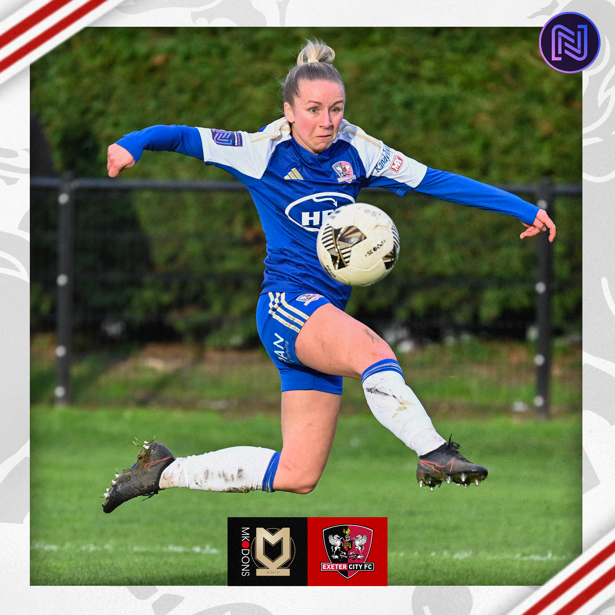 Ishbel Zuurmond, in her blue kit, jumping in the air while trying to control the ball in front of her.