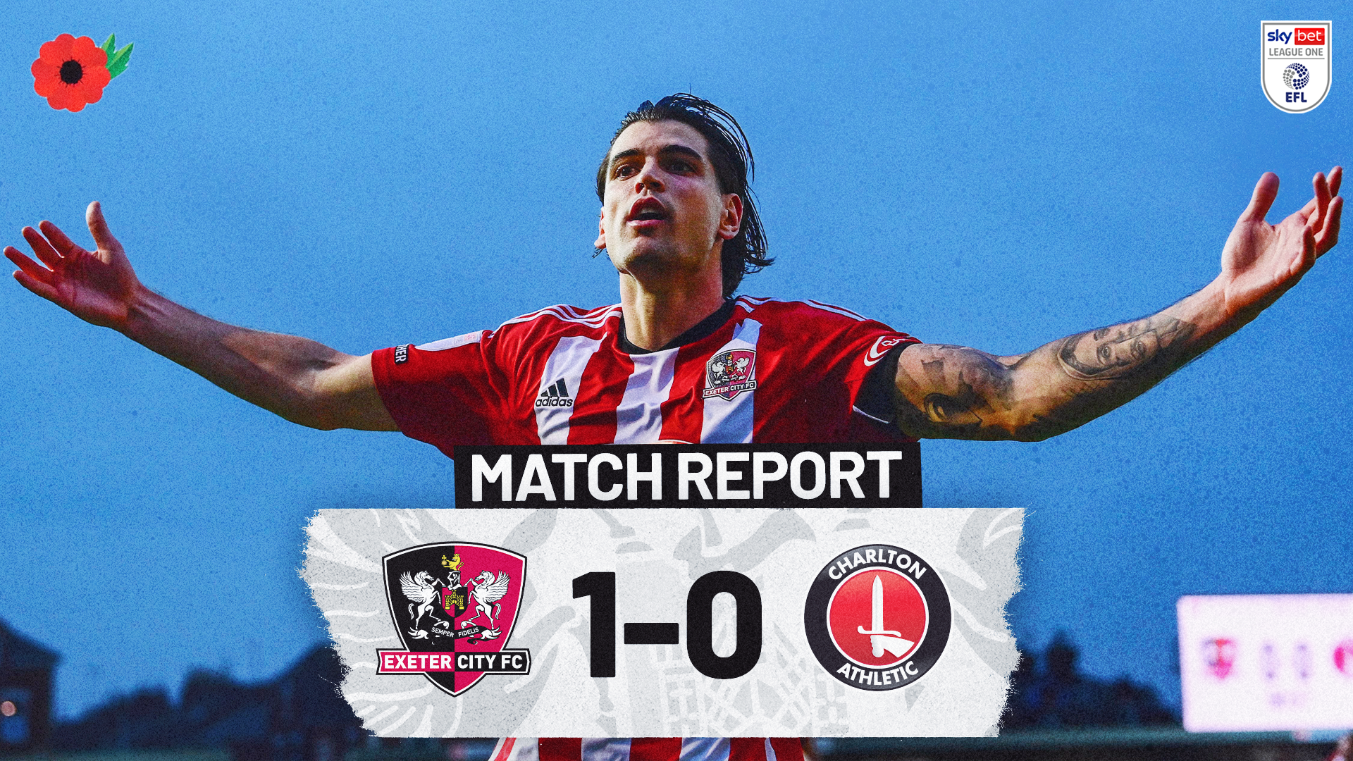 Match report graphic for Exeter City 1-0 Charlton Athletic. Shows Tristan Crama celebrating with his arms stretched out with the background of a deep blue sky.