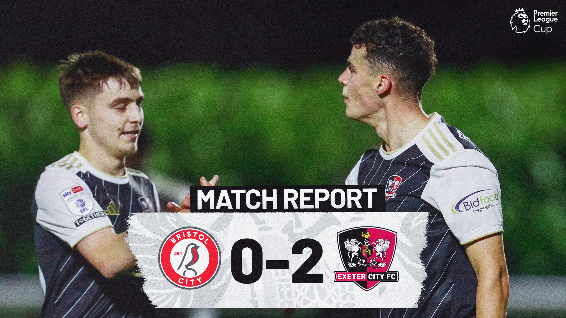 Match Report graphic for the Premier League Cup game between Exeter City and Bristol City U21. 2-0 win for Exeter.