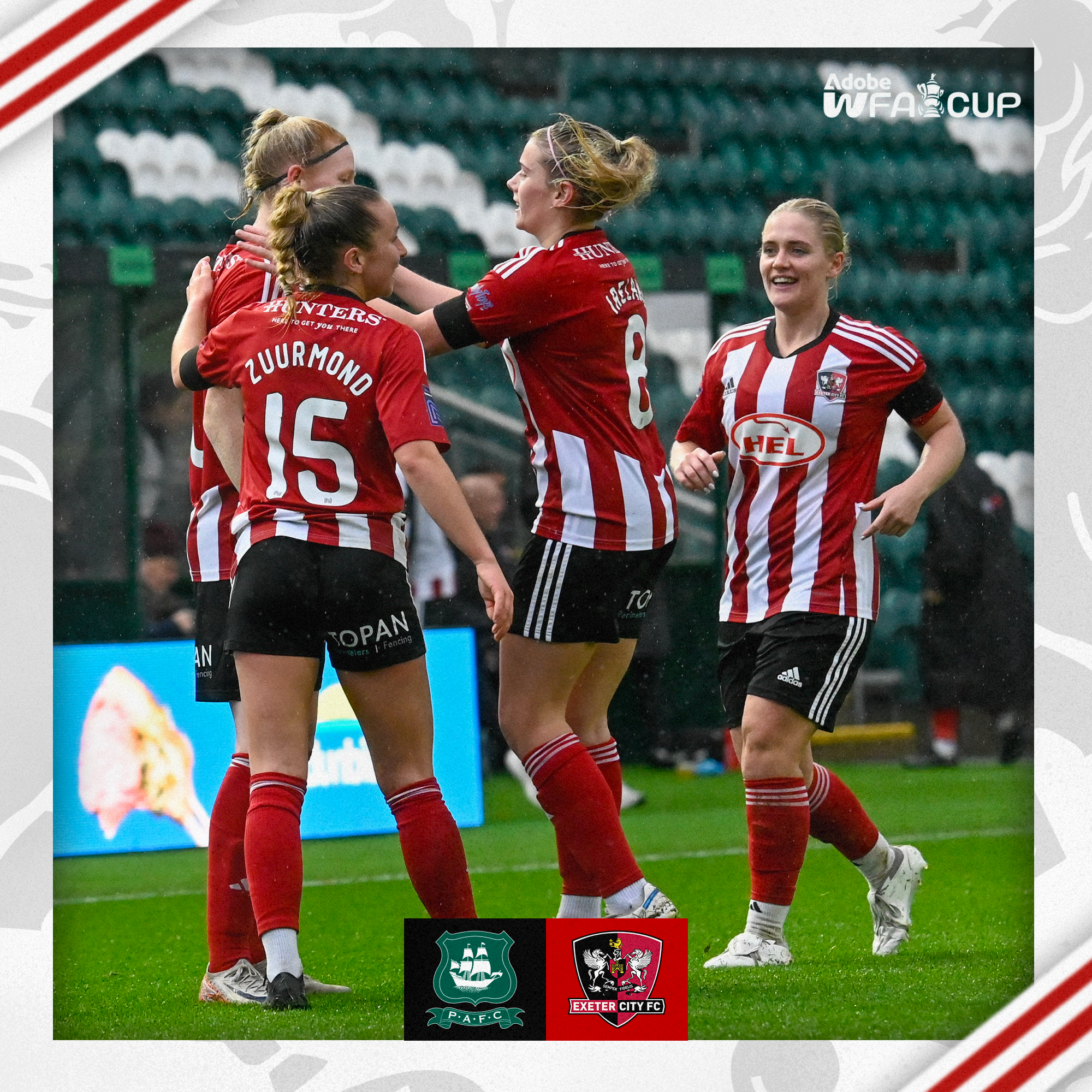 Image of (left to right) Sarah Stacey, Ishbel Zuurmond, Beth Ireland, Mollie Taylor celebrating Sarah's goal.