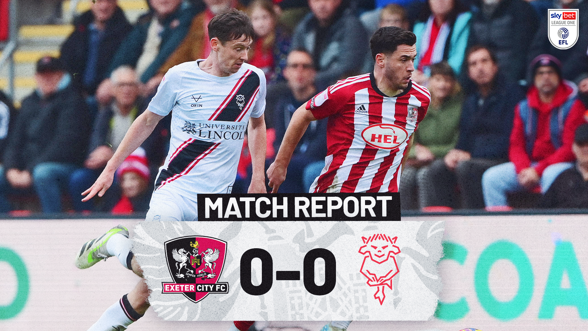 Match Report graphic for Exeter City 0-0 Lincoln City. Image shows Jack Aitchison running away from a his marker.