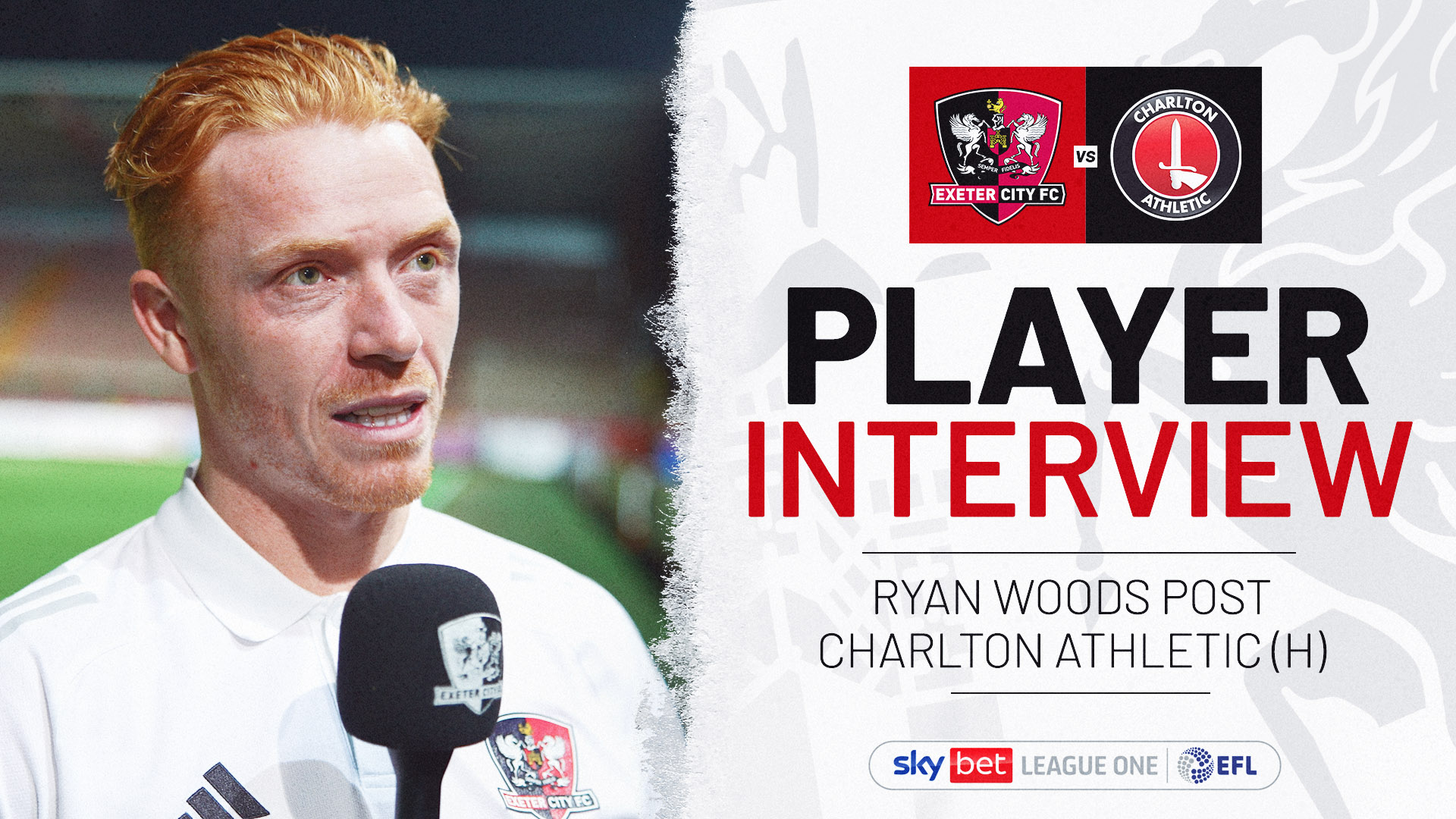 Player interview graphic. Text reads: PLAYER INTERVIEW / RYAN WOODS POST CHARLTON ATHLETIC (H). Image of Ryan Woods speaking into a pic on the left.