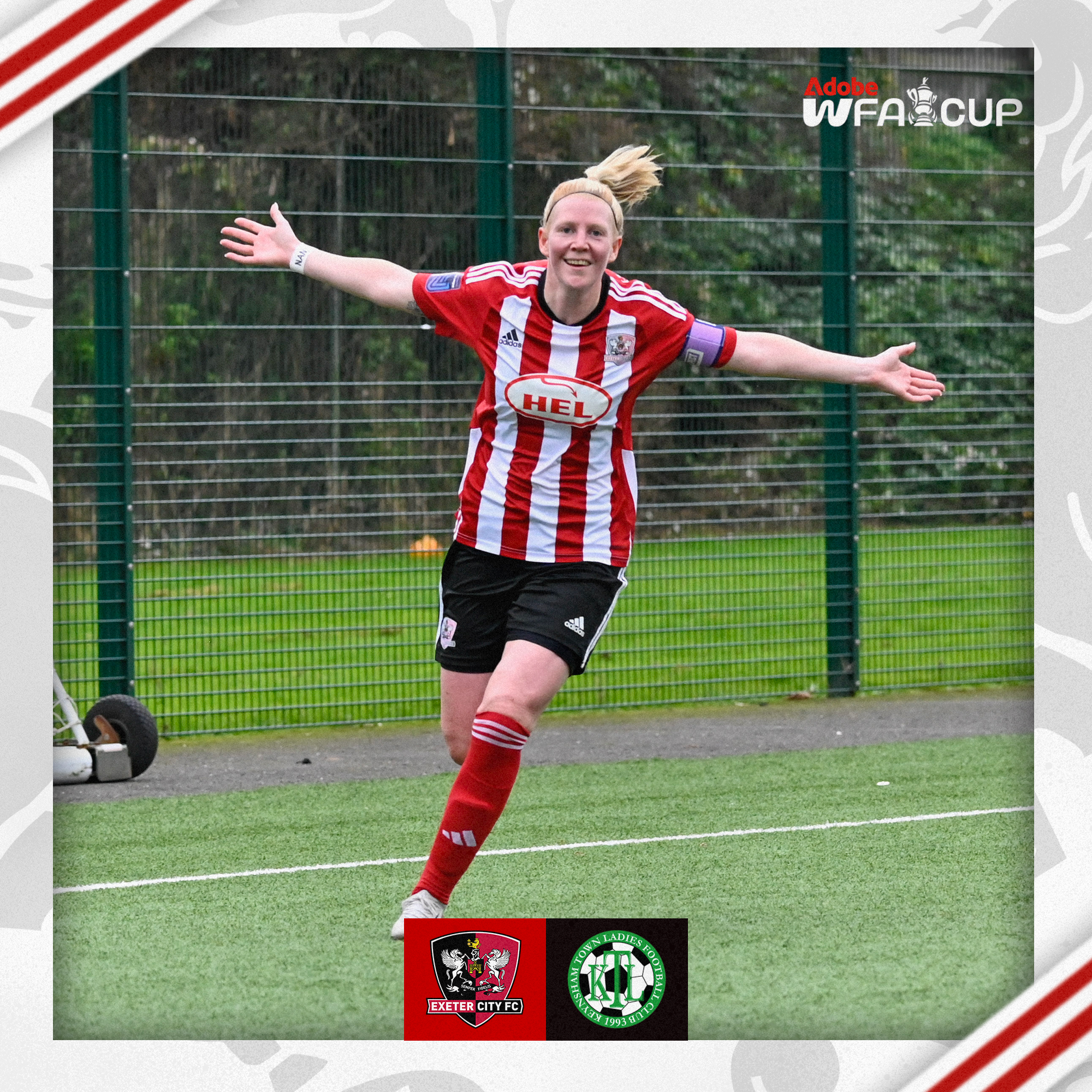 Sarah Stacey, in her red and white home kit, celebrating her second goal of the game with her arms wide open, running towards the camera.