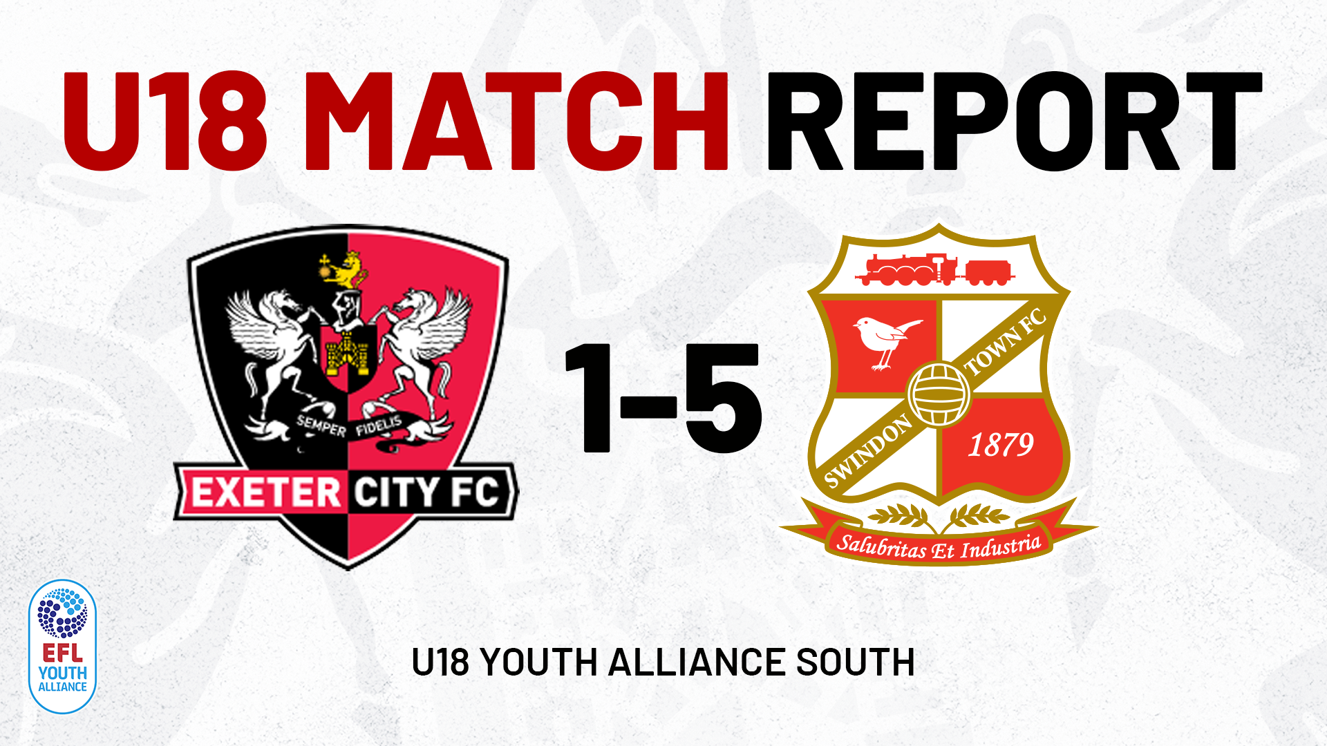 Match report graphic. Text reads: U18 MATCH REPORT: EXETER CITY 1-5 SWINDON TOWN / U18 YOUTH ALLIANCE SOUTH. Graphic also features all relevant logos to a grey background.