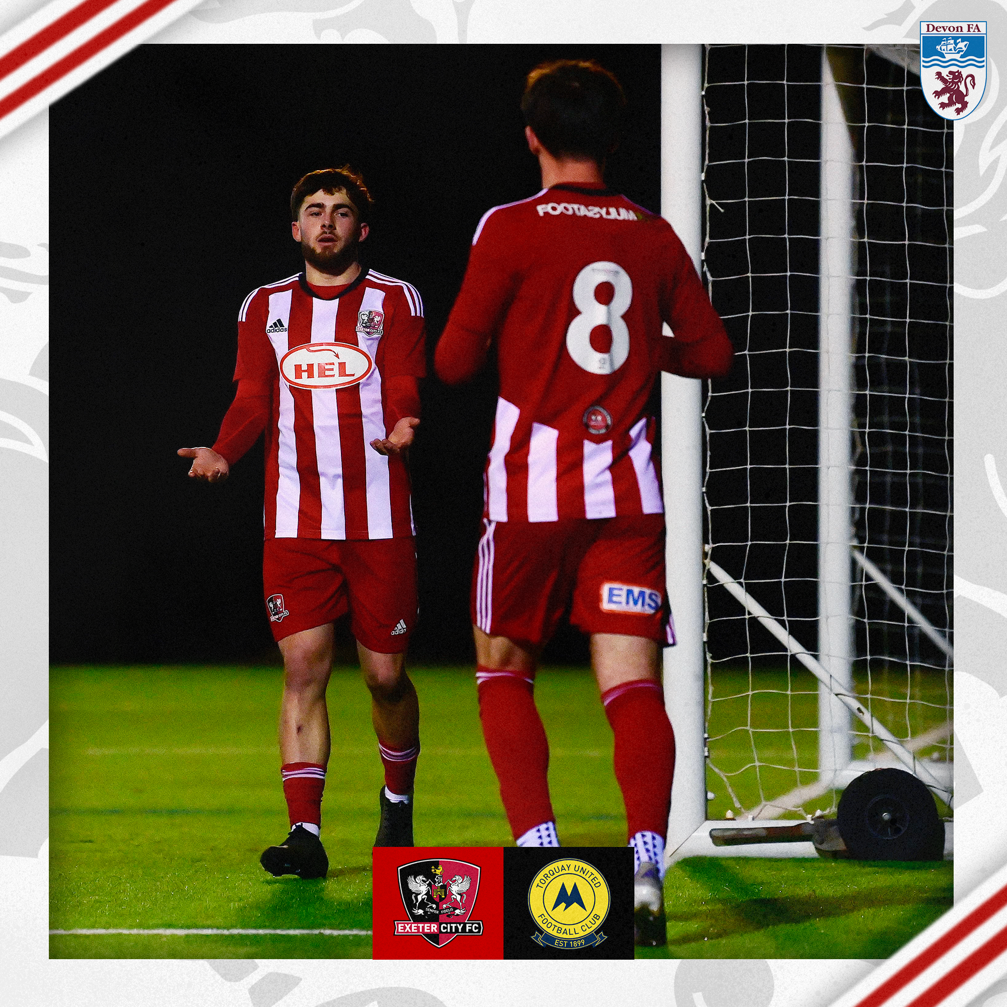 Theo Cutler celebrating his second goal with Tom Dean.