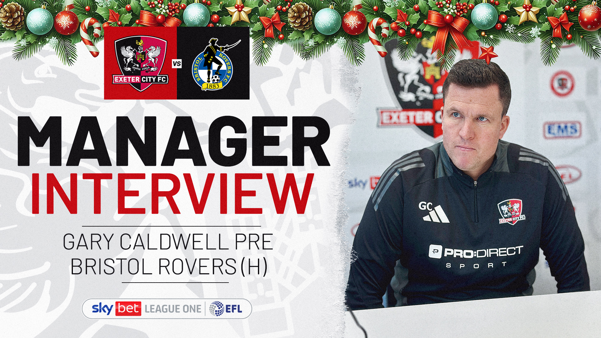 Manager Interview graphic for Gary Caldwell pre Bristol Rovers (H). Image on the right shows Gary Caldwell in a press conference.