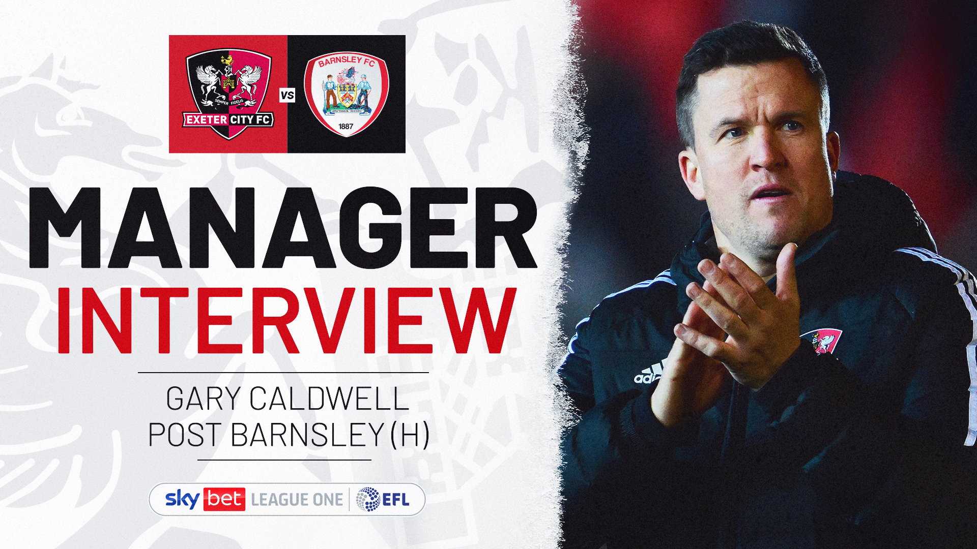 Manager Interview graphic. Text reads: MANAGER INTERVIEW / GARY CALDWELL POST BARNSLEY (H)