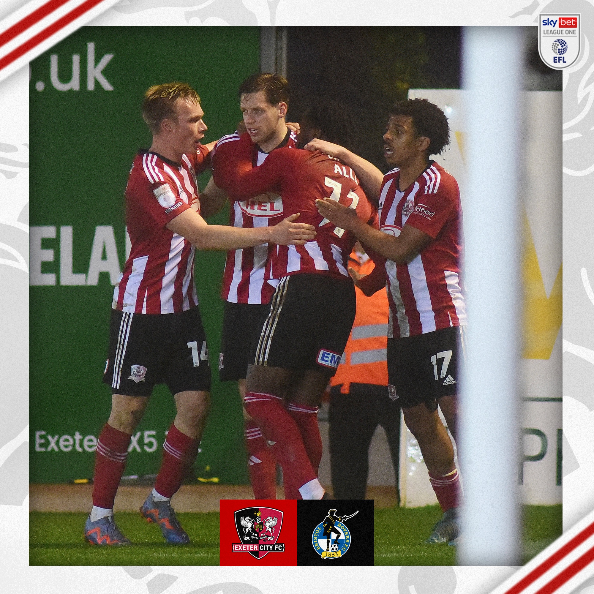 Jack Fitzwater celebrating his equaliser with a group of players, from left to right, Ilmari Niskanen, Jack Fitzwater, Millenic Alli and Caleb Watts.