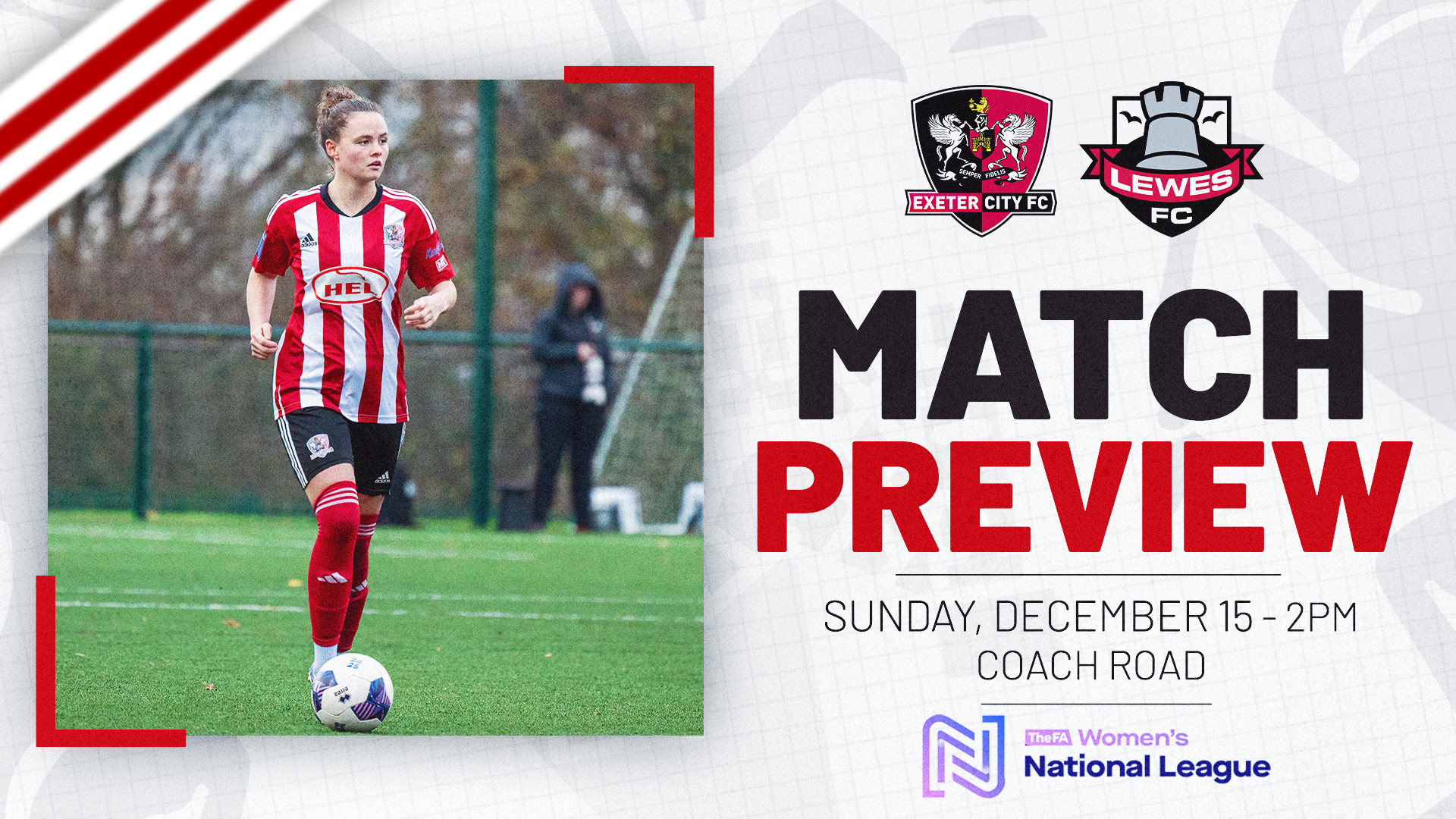 Match preview graphic for Exeter City v Lewes on Sunday December 15 - 2pm at Coach Road