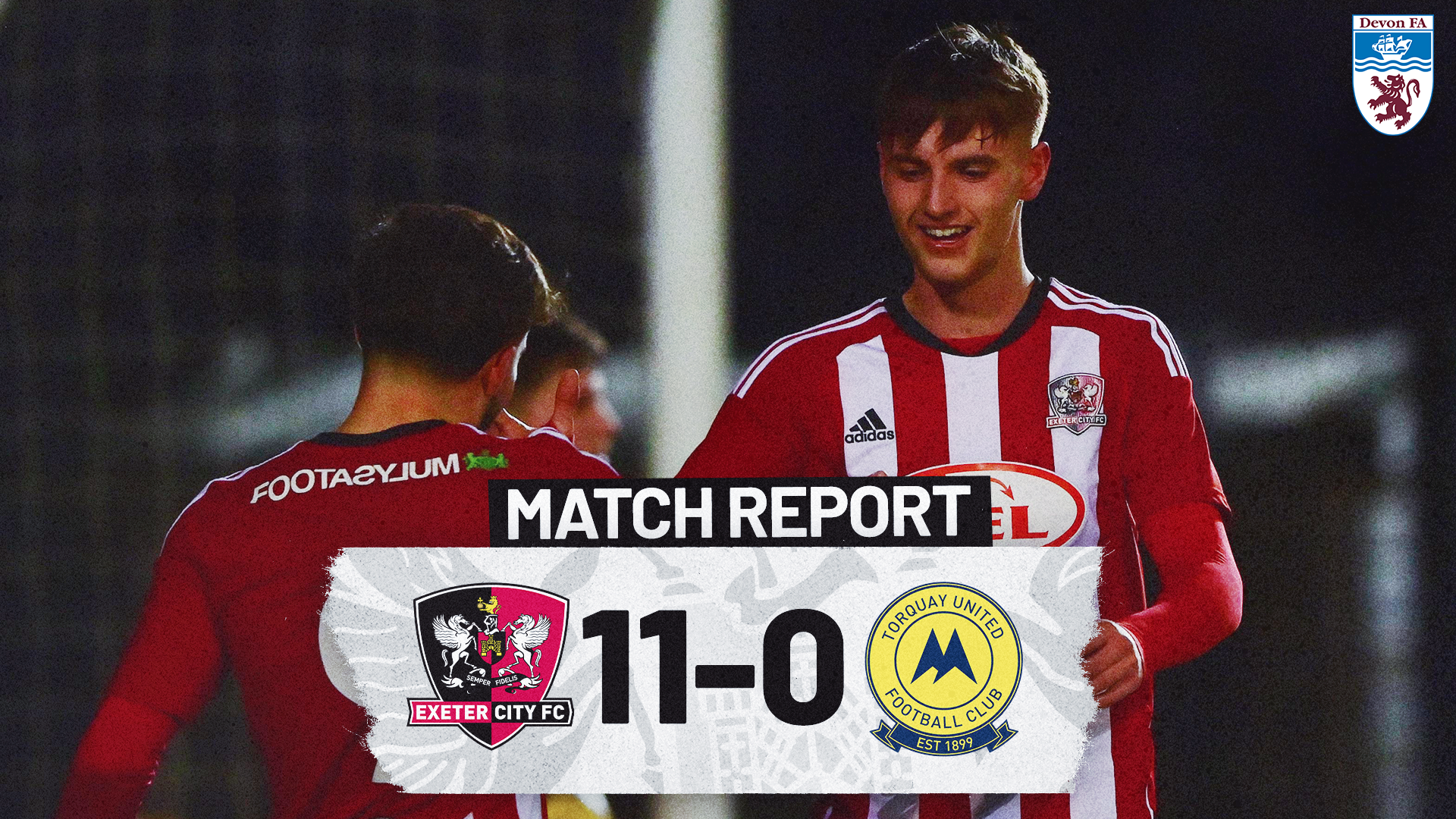 Match report graphic for Exeter City 11-0 Torquay United in the Devon Bowl.