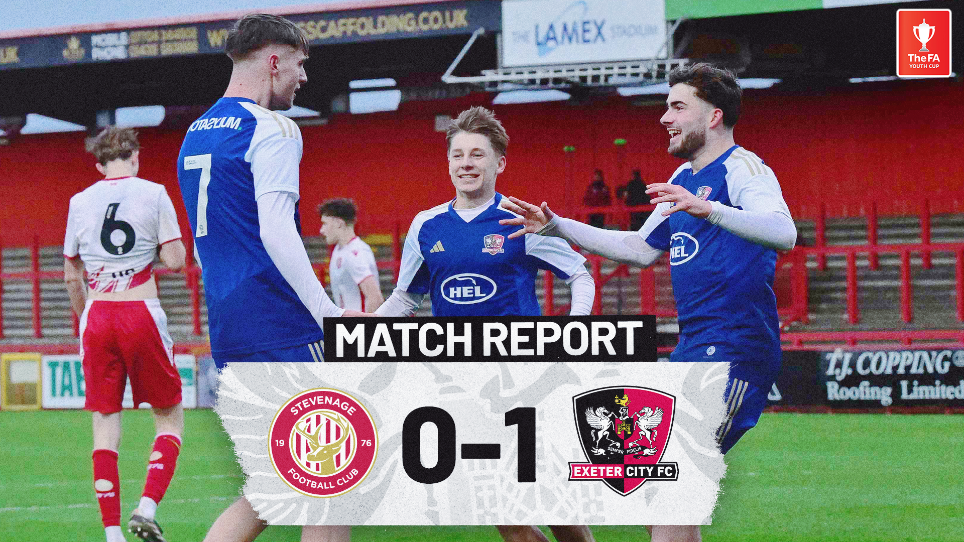 Match report graphic for Stevenage U18 v Exeter City U18, image shows (from left to right) Kieran Wilson, George Birch and Theo Cutler, celebrating the latter's goal. They're in their blue away kit, with a white trim. 