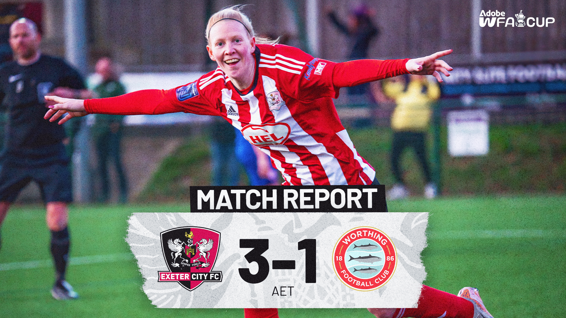 Match report Exeter City 3-1 Worthing Women in the FA Cup. Image shows Sarah Stacey celebrating with her arms pointed out