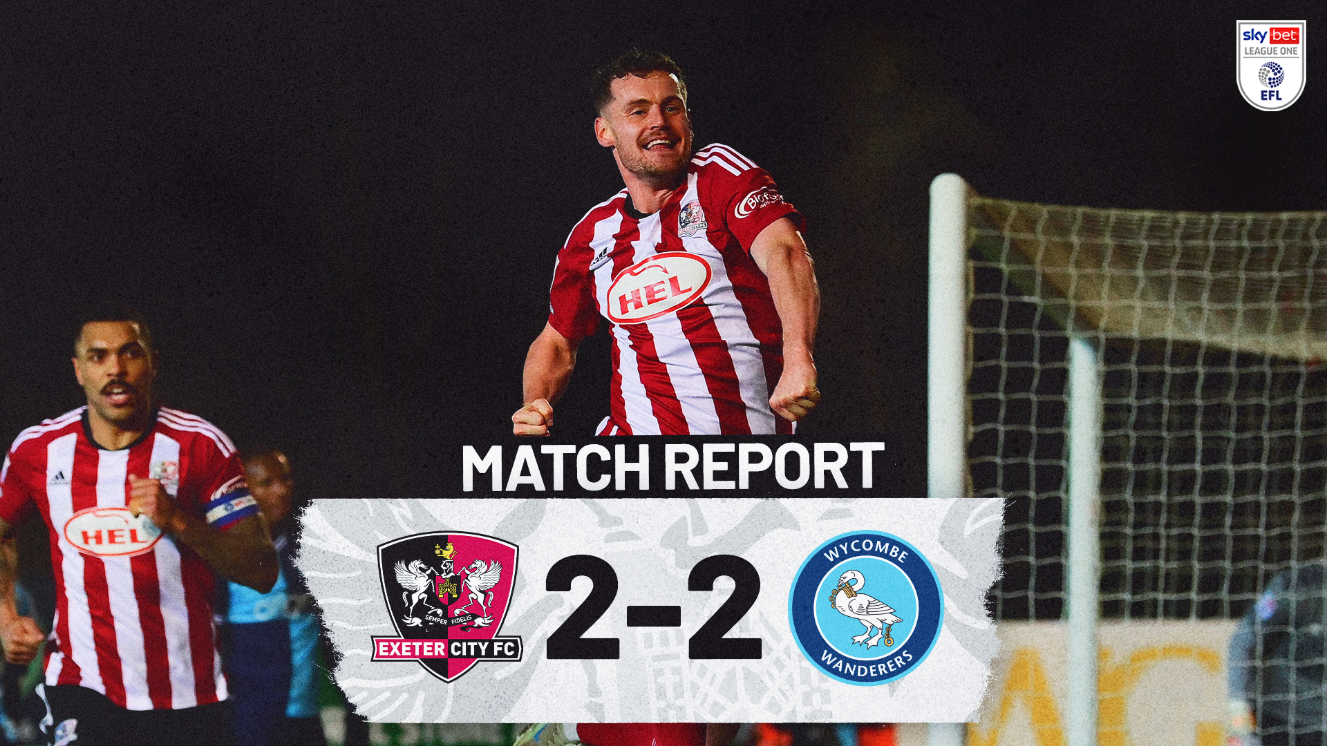 Match Report graphic for Exeter City 2-2 Wycombe. Image shows Jack McMillan jumping for joy as he equalises.